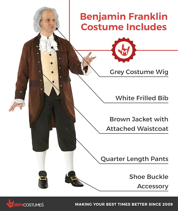 Morph Founding Father Costume Adult with Wig, Ben Franklin Outfit, Colonial Costume Men, 4th of July Outfit, 250 Anniversary