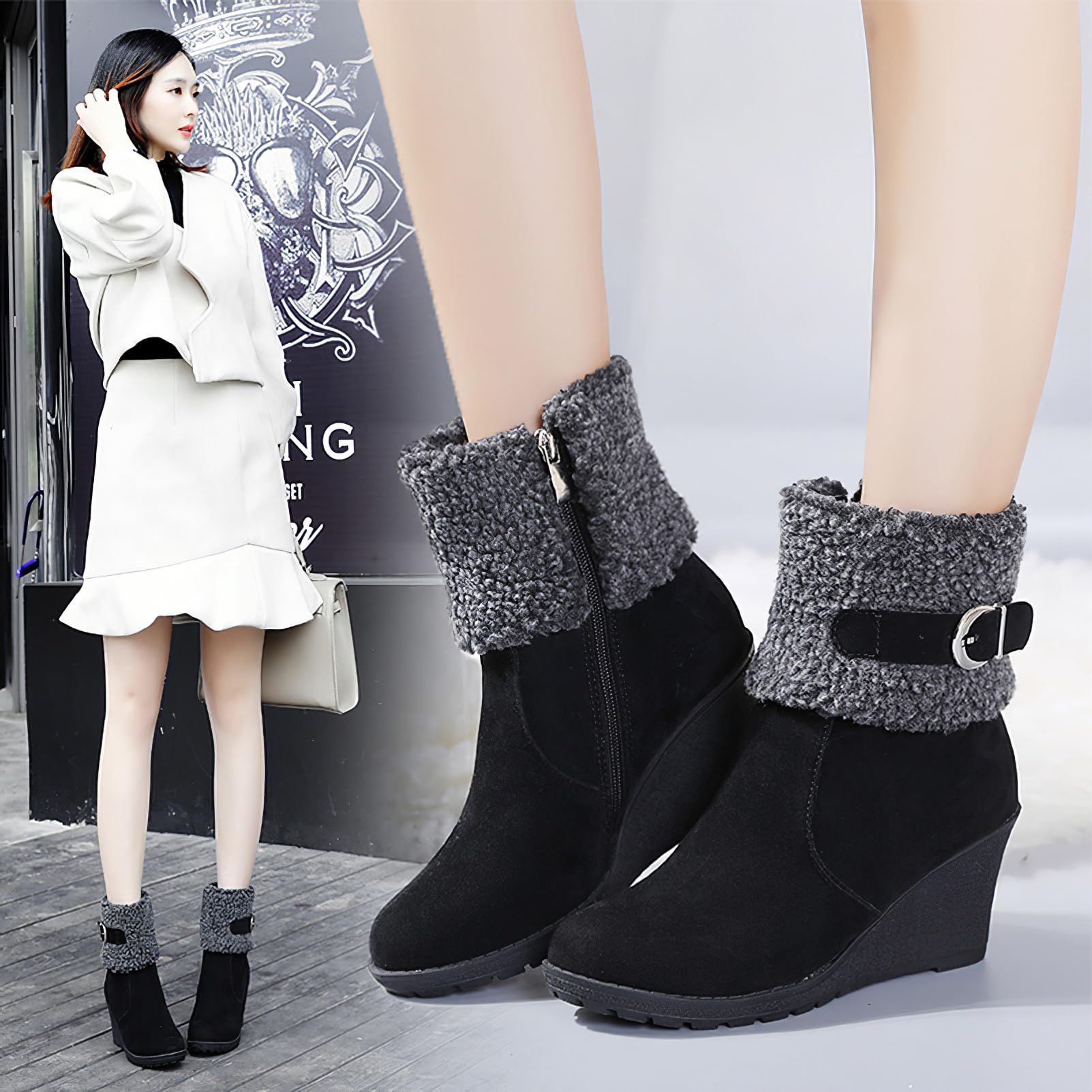 Donna Inverno Caldo Stivali con Pelliccia Cerniera Eleganti Stivaletti con Zeppa