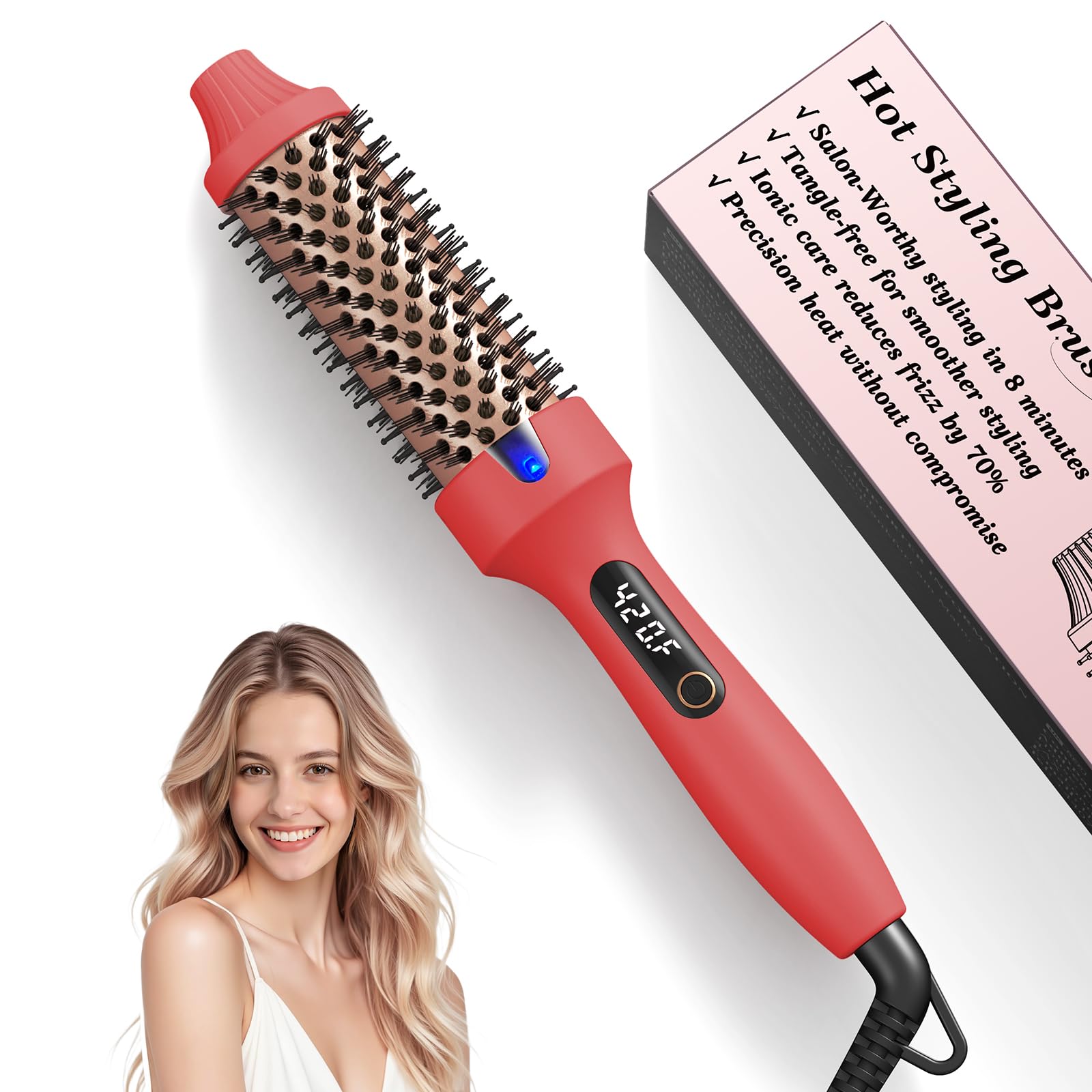 Thermal Brush - Thermobürste 38mm für Salon-Styling in 8 Min, Ionische Lockenbürste Reduziert Frizz um 70%, 6 Temperaturstufen mit LED-Display für alle Haartypen geeignet, Doppelspannung, Rot