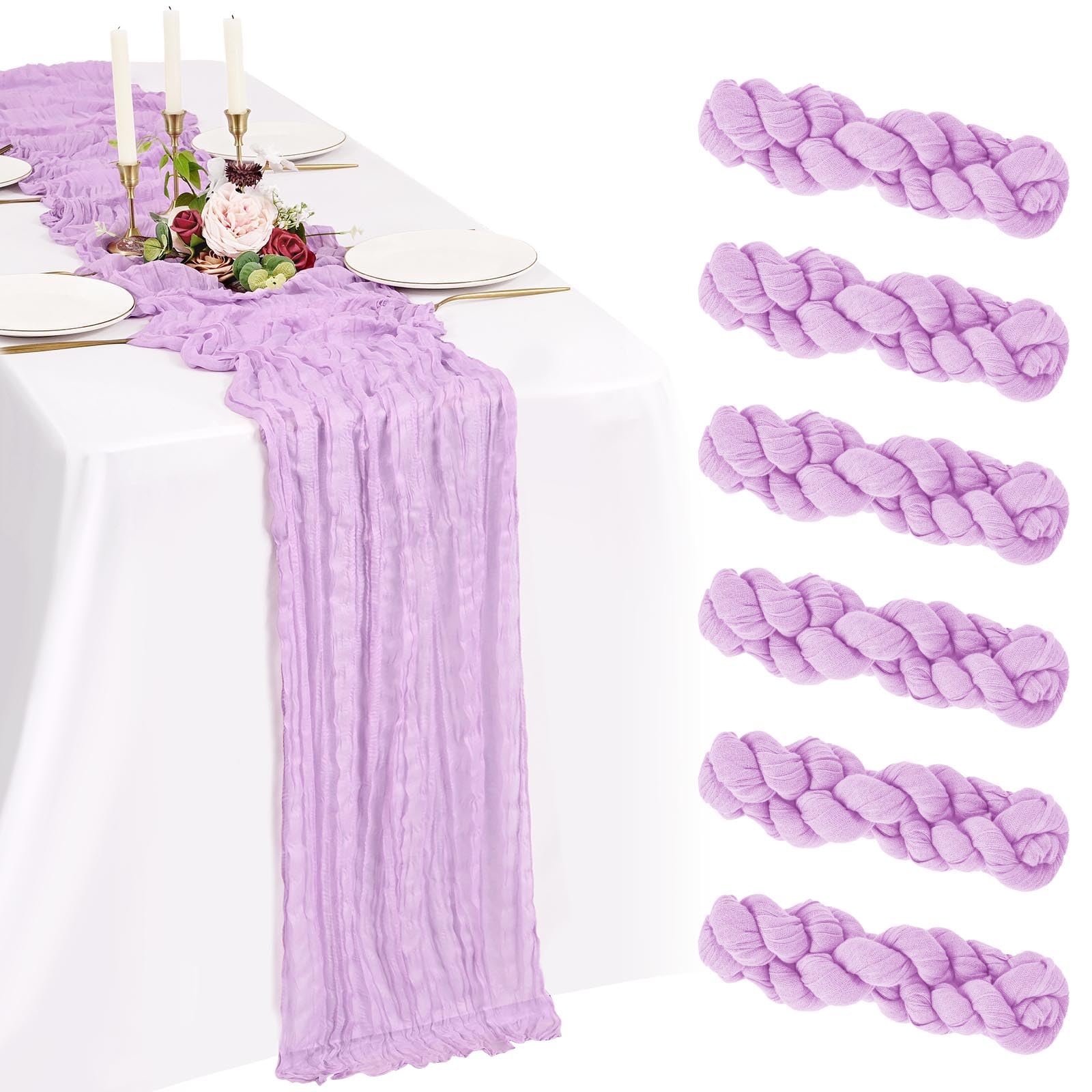 Showgeous 6 Pack Lilac Purple Cheesecloth Table Runner 10FT Lavender Boho Gauze Cheese Cloth Table Runners Romantic Rustic Sheer Table Decorations for Wedding Party Baby Shower Birthday Holiday Home