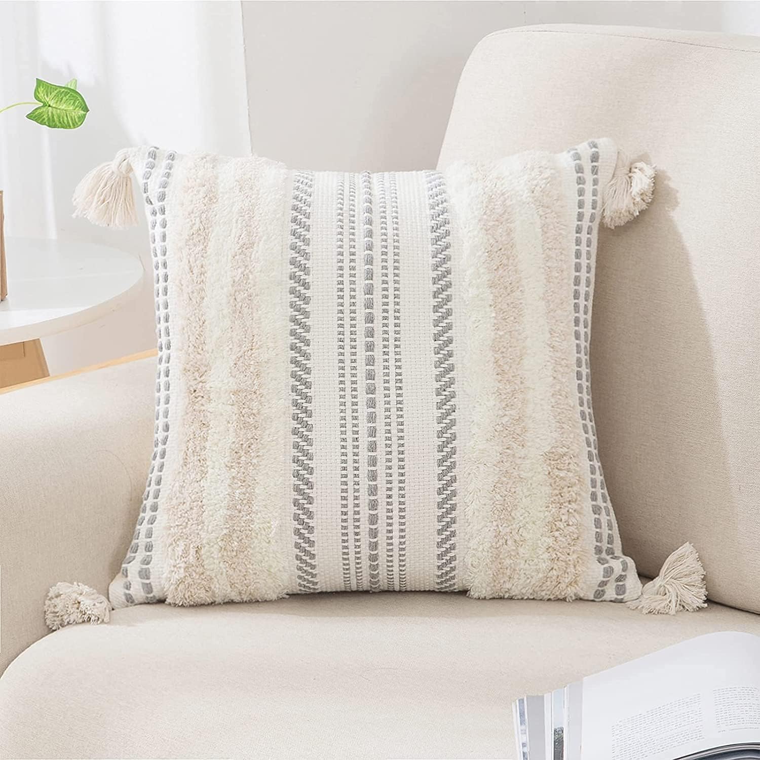 decorUhome Decorative Boho Throw Pillow Cover 18x18, Accent Neutral Textured Tufted Pillow Cover Striped for Couch Bed Sofa, Beige and Cream White, Pack of 1