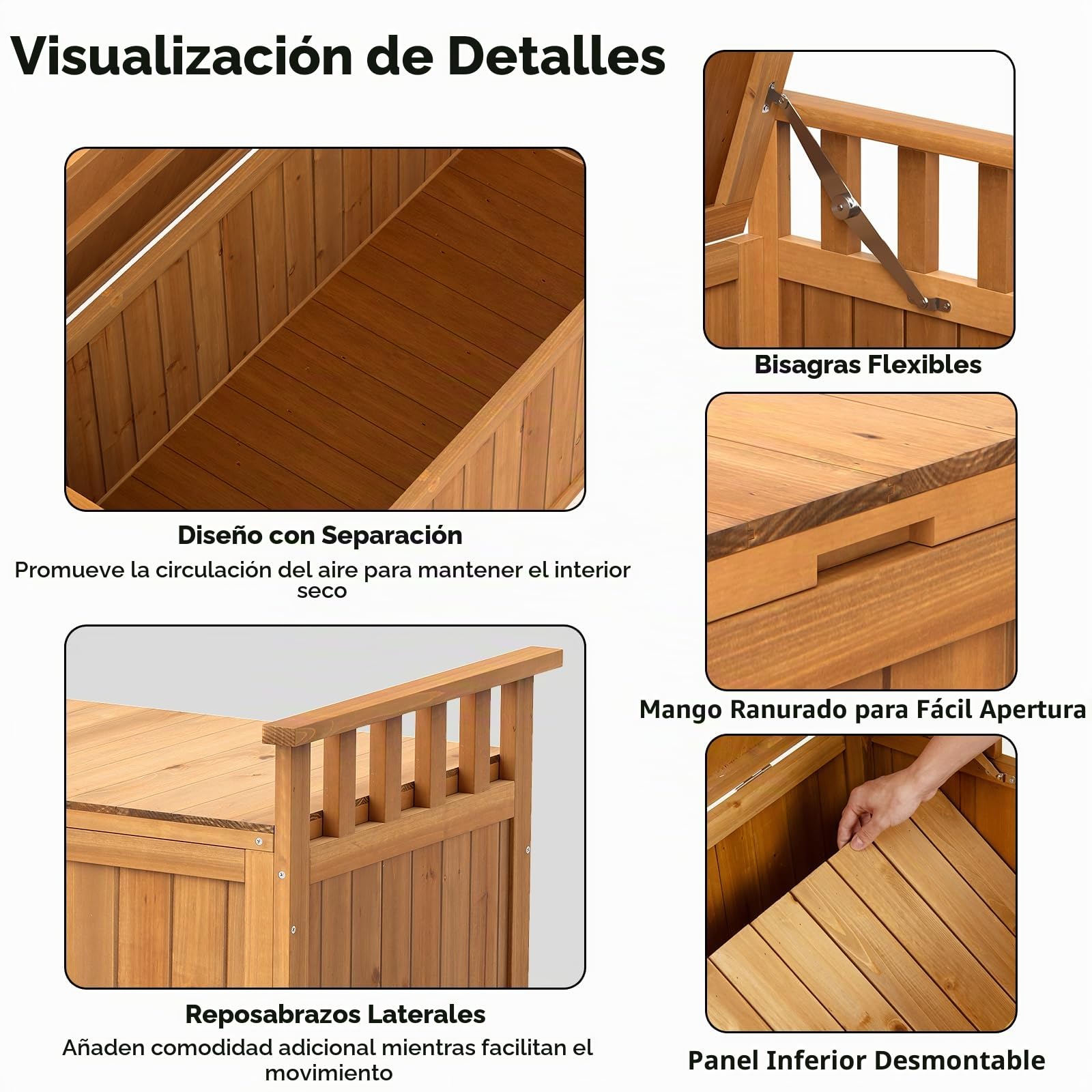 HOMASIS Arcón de Jardín Impermeable, Banco de Madera de Abeto, Arcón de Almacenamiento con Tapa y Reposabrazos, Caja de Cojines Resistente a La Intemperie para Jardín, 128 x 58 x 53 cm (Natural)