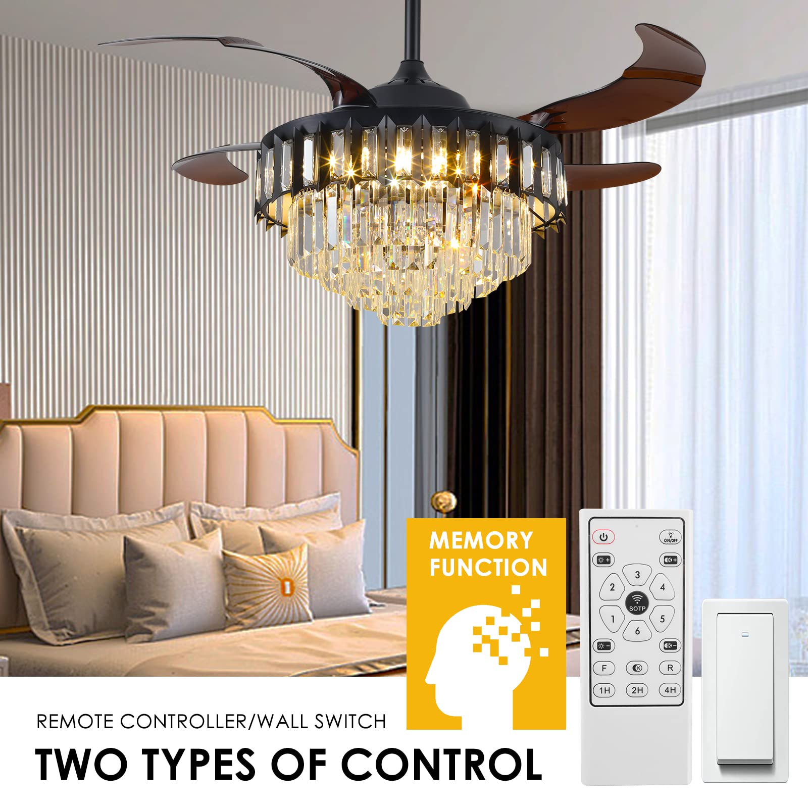 Asyko Crystal Retractable Chandelier Ceiling Fan, Retractable Ceiling Fans with Lights Remote, Dimmable with Memory Function,Crystal Fandelier Ceiling Fans for Living Room, Bedroom, Dining Room (42")