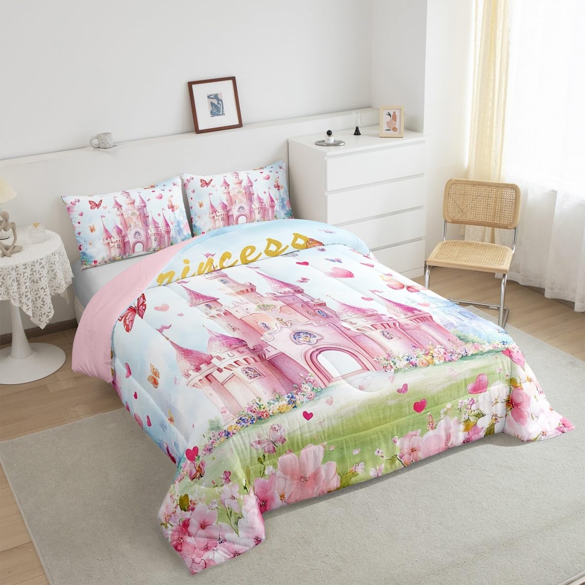 Feelyou Castle Bedding Set - Twin Size, Pink Castle Comforter Set with Princess Decor, Duvet Insert, Microfiber