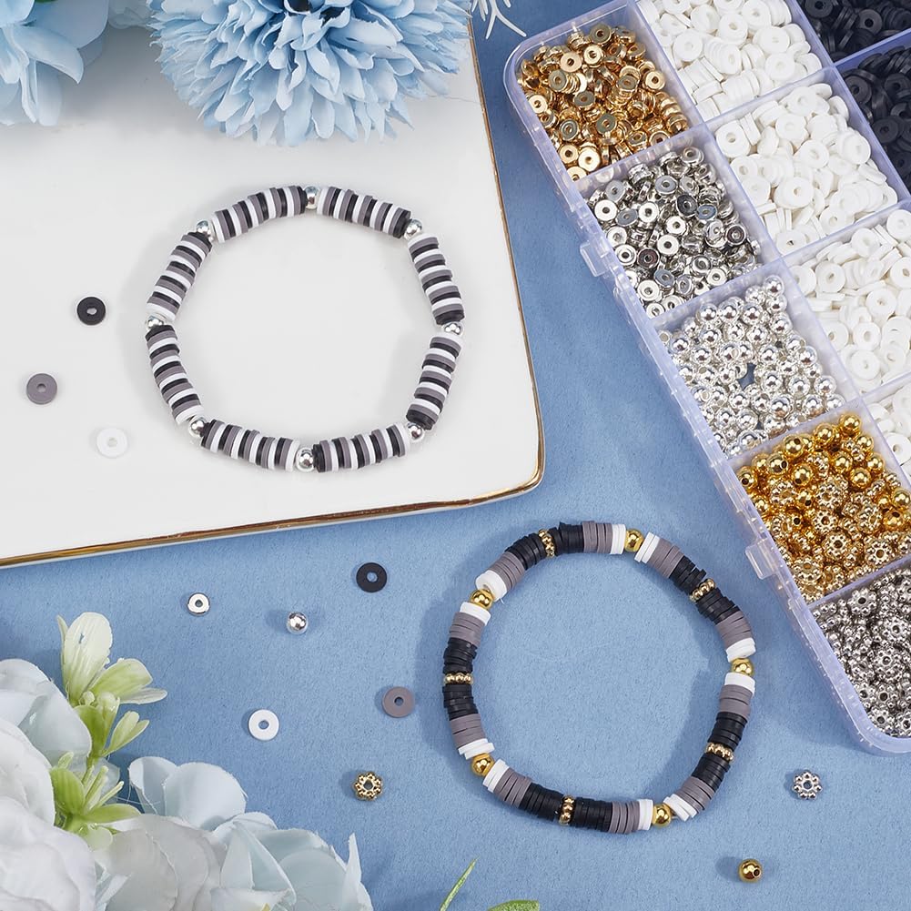 1 Box 2800Pcs Black and White Clay Beads Kit 6mm Friendship Bracelet Making Kits Disc Heishi Flat Round Gold Silver Flower Spacer Beads for Jewelry Bracelets Making Accessories Adults