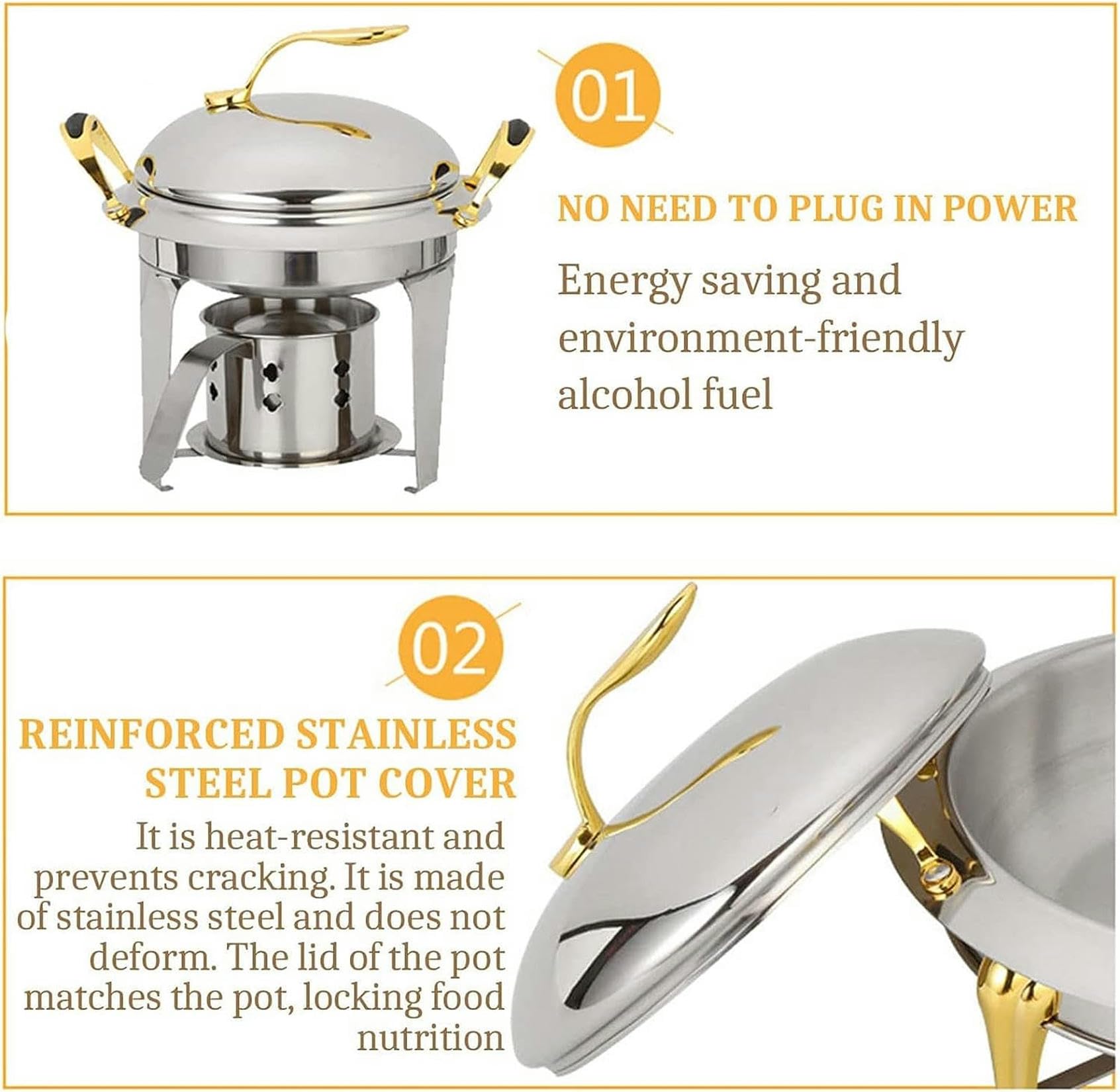 Chafing Dish in Acciaio Inossidabile per Uso Domestico,Set Scaldavivande Rotondo per Buffet con Teglia per Alimenti,Coperchio E Porta-Combustibile,per Buffet/Matrimoni