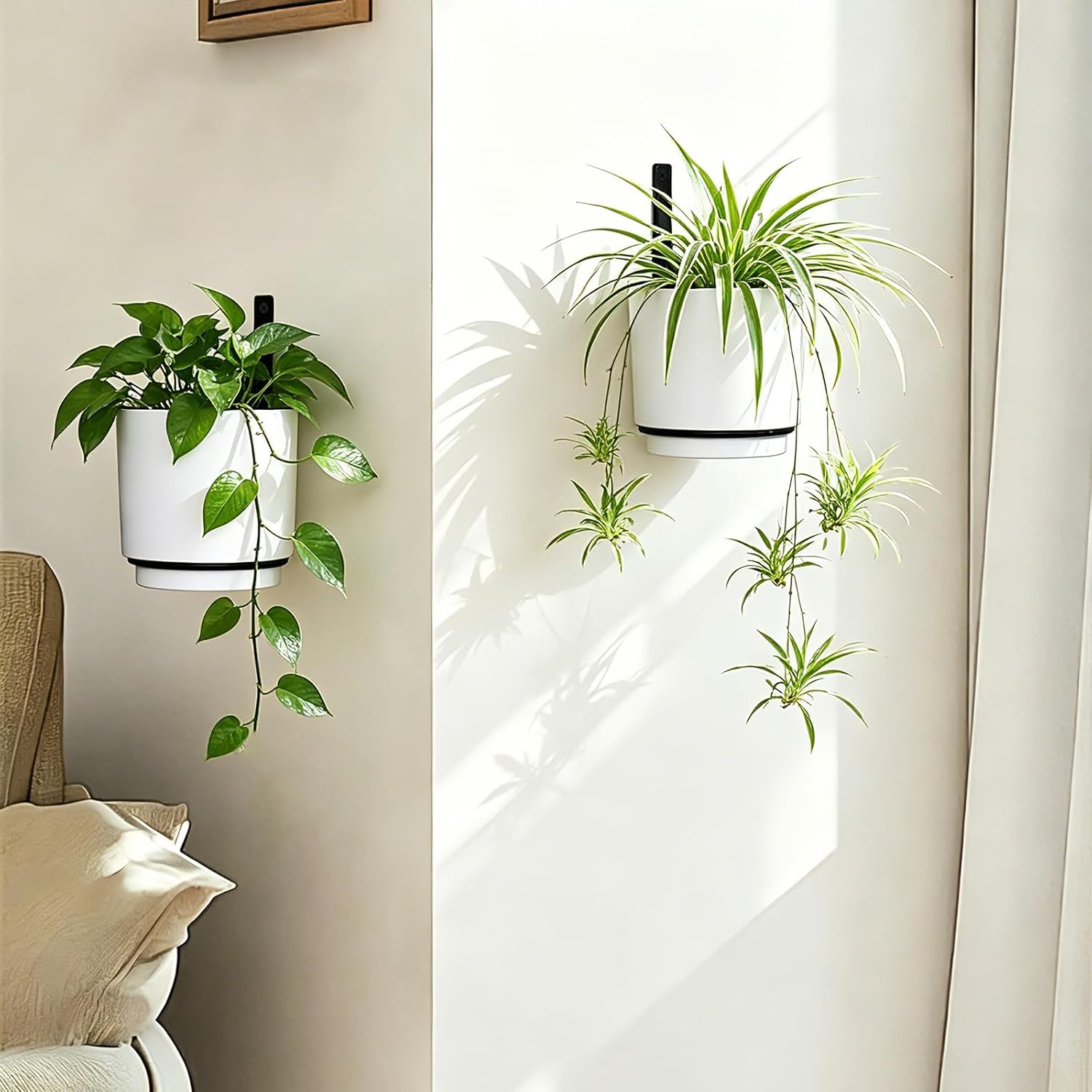 2 Pcs Wall Mounted Hanging Planter Vase for Indoor Outdoor Plants,Modern Metal Wall and Ceiling Hanging Flower Pot with Removable Flower Pot,Minimalist Decor for Herbs Succulents Flowers,6.7Inch,White