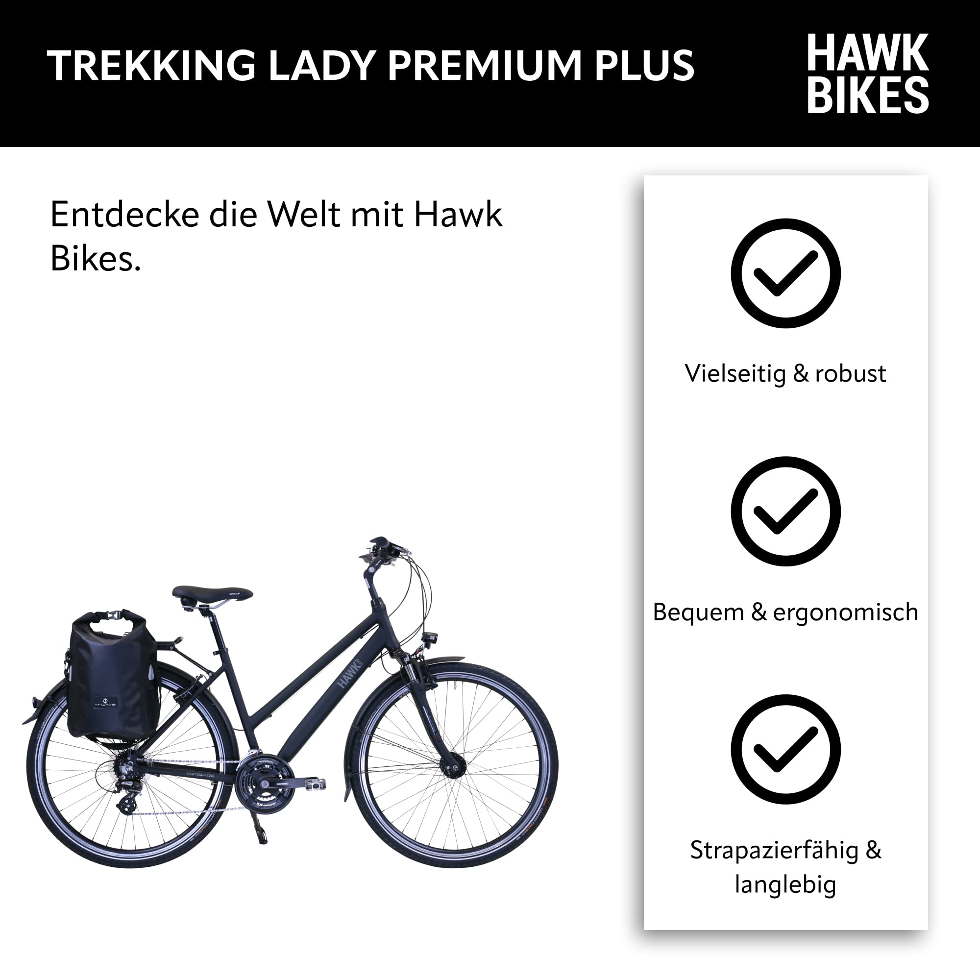 HAWK Trekking Lady Premium Plus Women's Bicycle with Bag, 44 cm, Bike with Microshift 24 Speed Derailleur Gear and Lighting, Allrounder I Black Sports & Outdoors