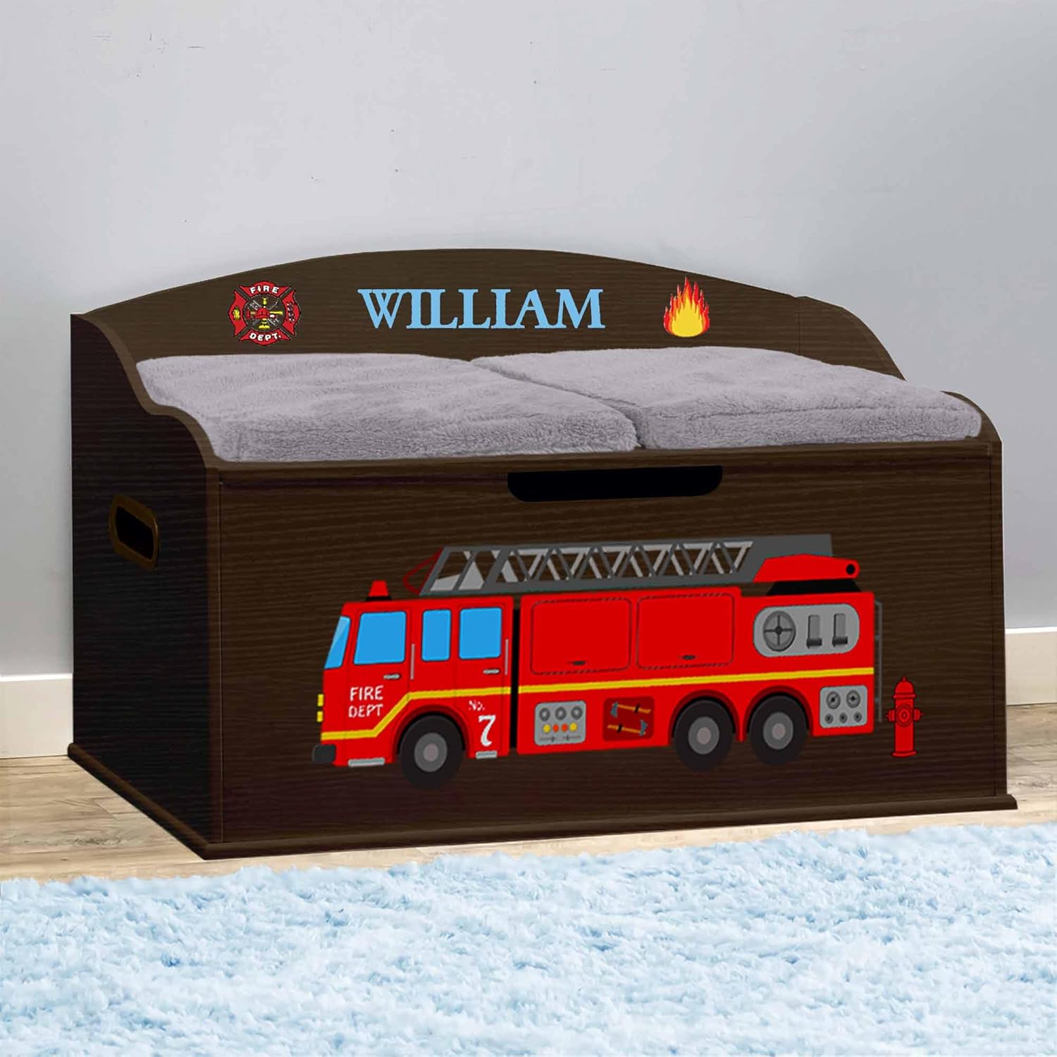 DIBSIES Personalized Creative Wonders Toy Box, Firetruck, 30 x 19.25 x 18 inches, Soft-Close Lid (Blue)