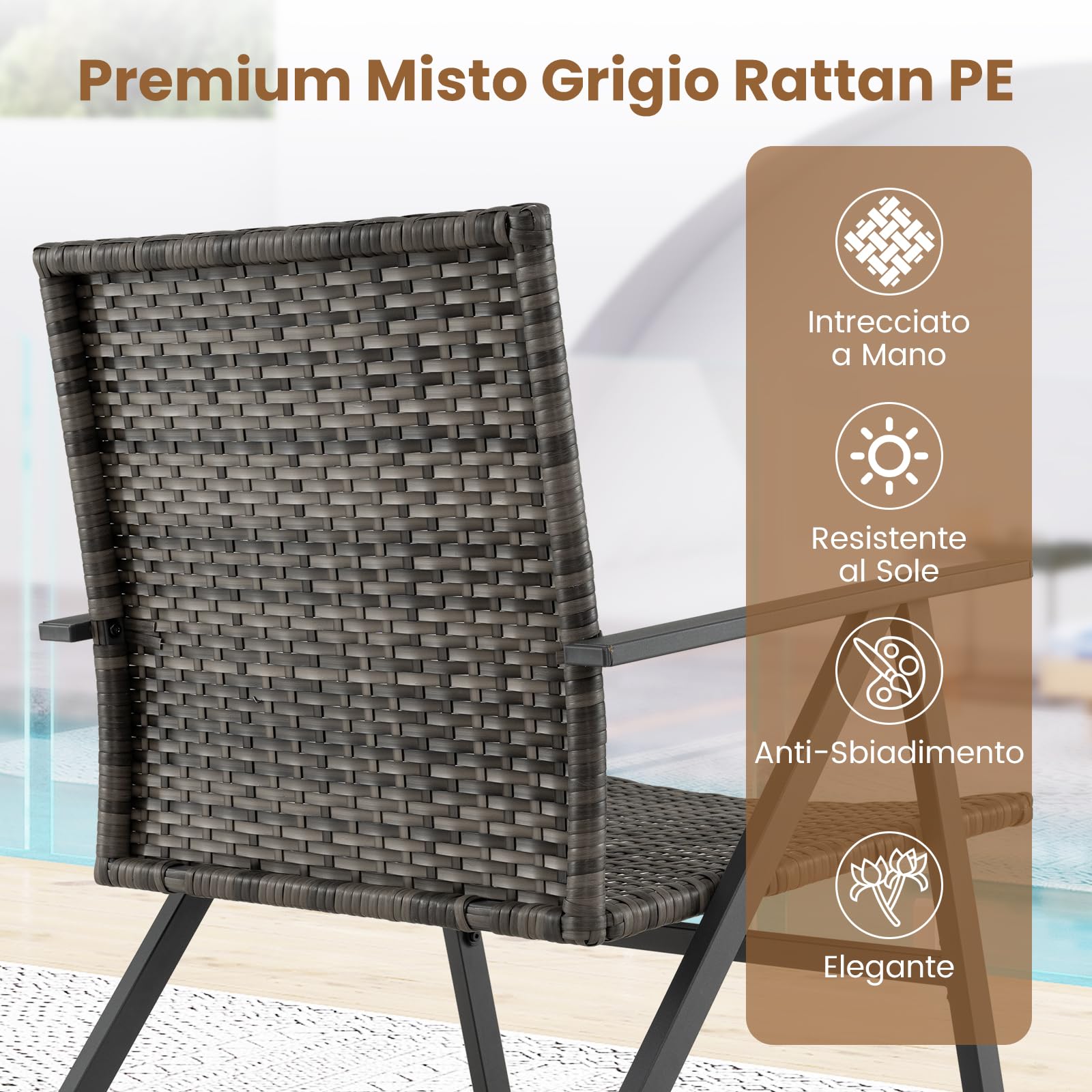 COSTWAY Set Tavolino e 2 Sedie da Giardino con Braccioli in Metallo | Salottino da Giardino Esterno con Schienale e Seduta in Rattan per Balcone, Veranda e Bordo Piscina
