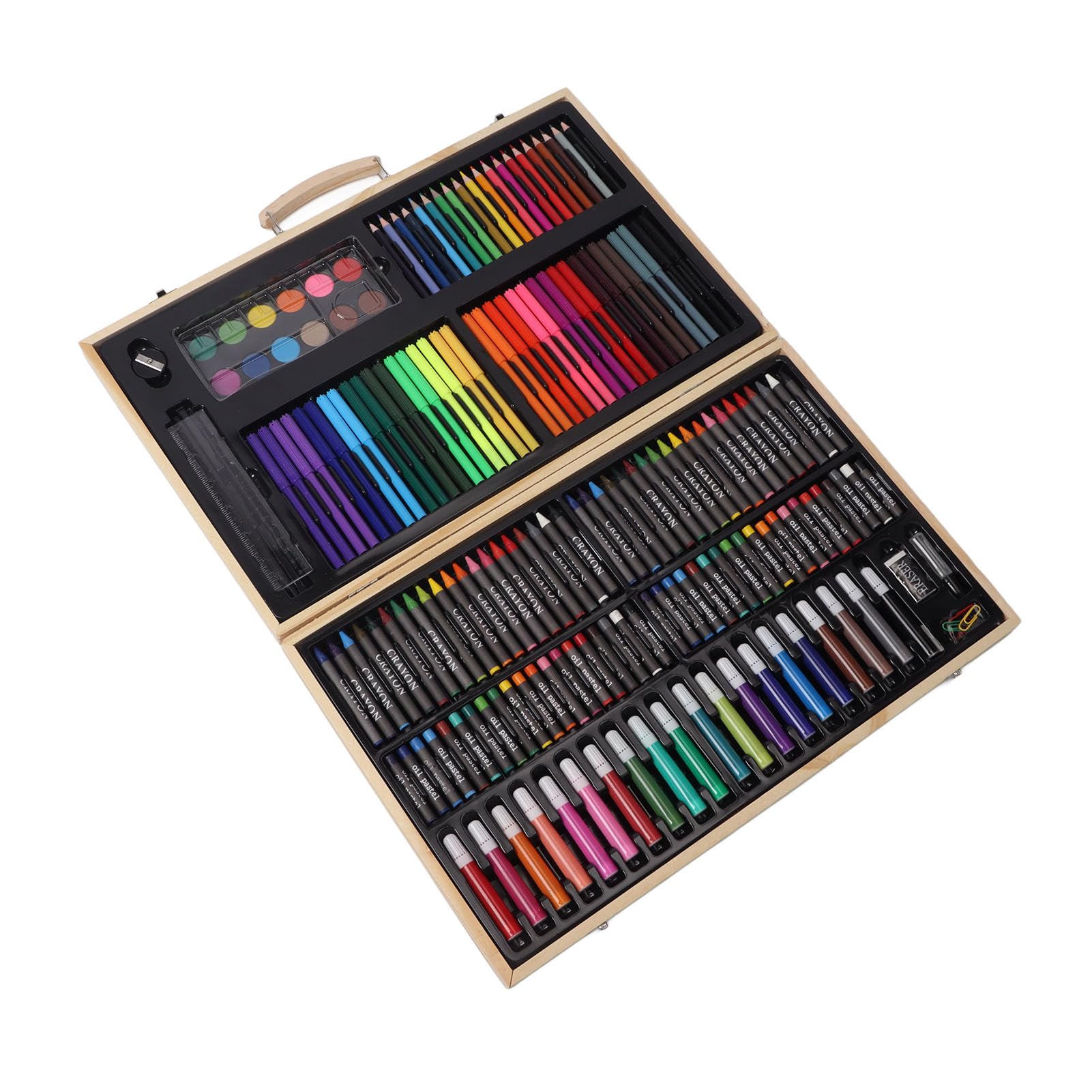 Kinder-Malset, Holzkunst-Set, vielseitiges Kunstbedarf für Kinder mit 12 Aquarellfarben, 40 Wachsmalkreiden, 40 Ölpastellkreiden, 56 Stiften und 20 Bleistiften in einer Holzbox –