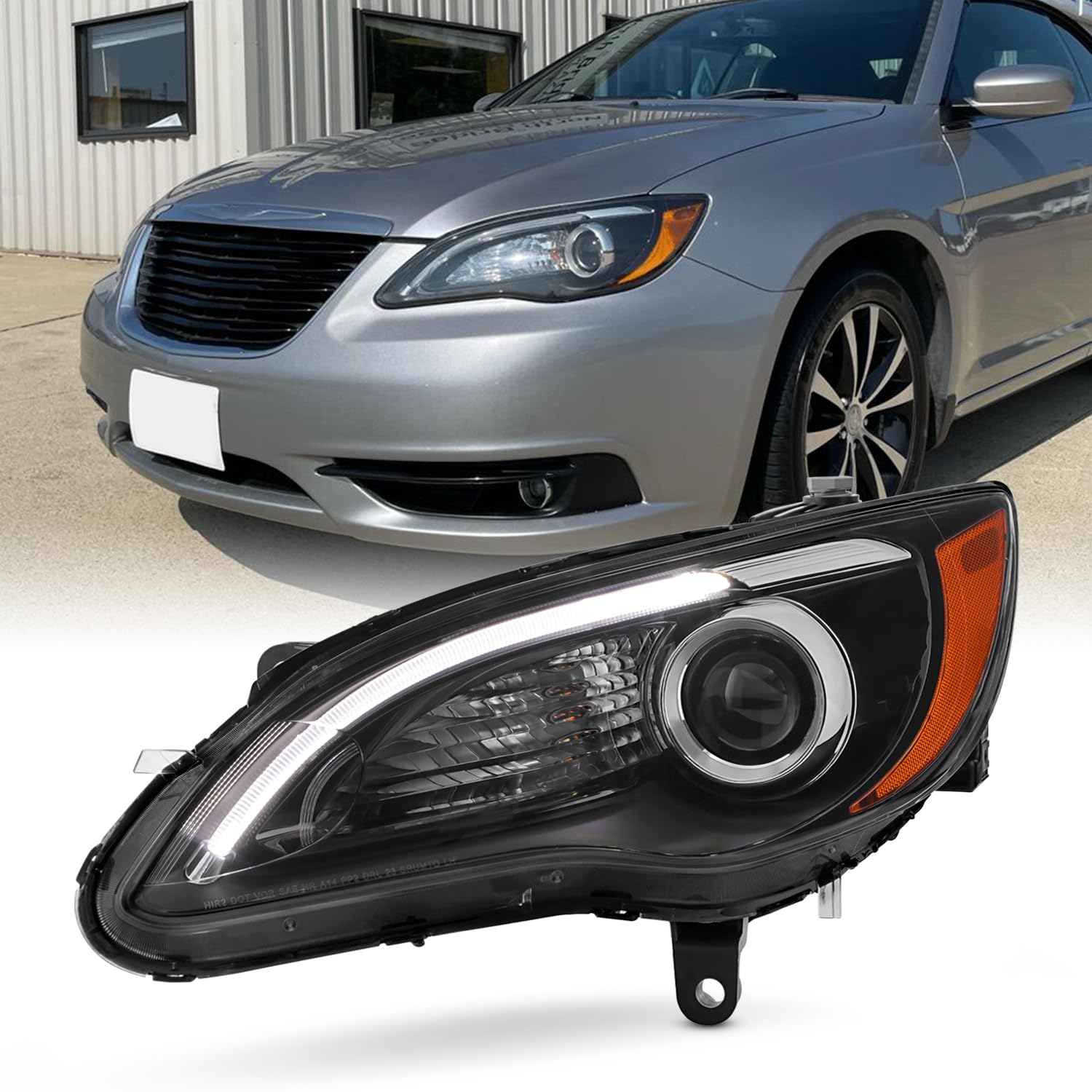 AKKON - Fits 2011-2014 Chrysler 200 [Halogen Type] Projector Black Headlight Headlamp Driver Left Side w/LED DRL Running