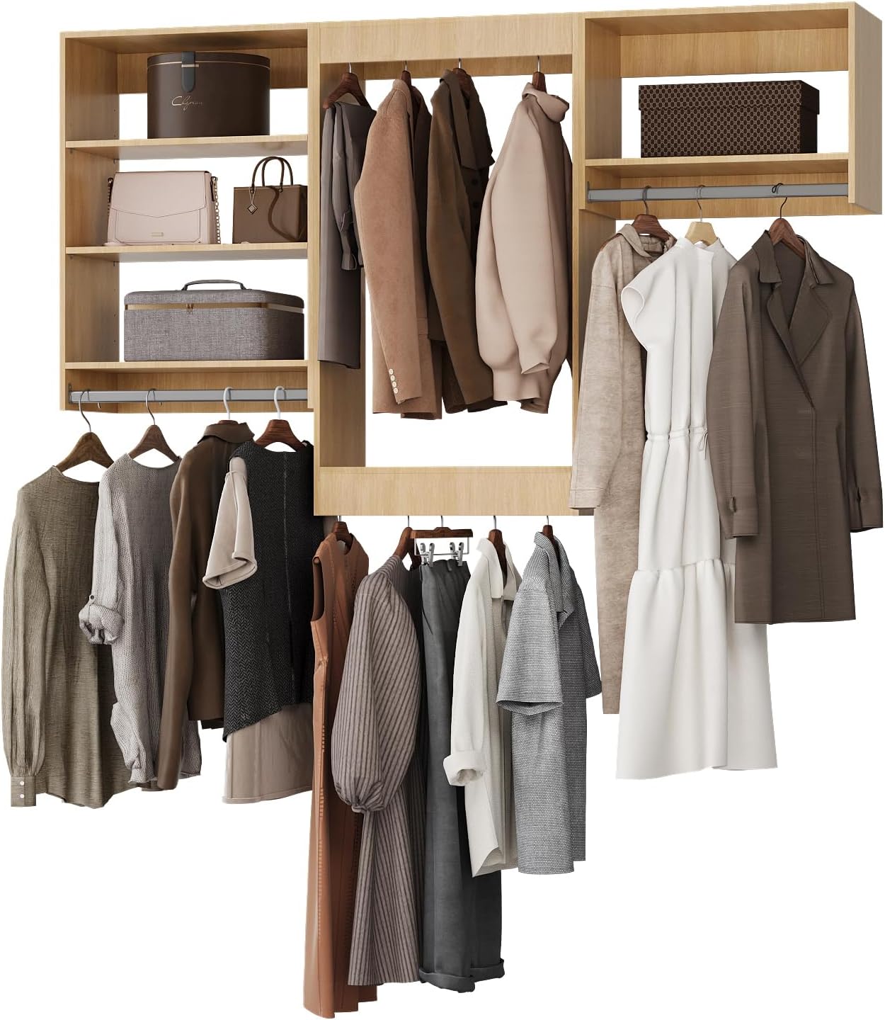 ROOMTEC Modular Closet System, 60″ Closet Organizer with Hanging Rods, Wall-Mounted Wooden Tower for Walk-In Closets, Wardrobe Storage Kit, Wood