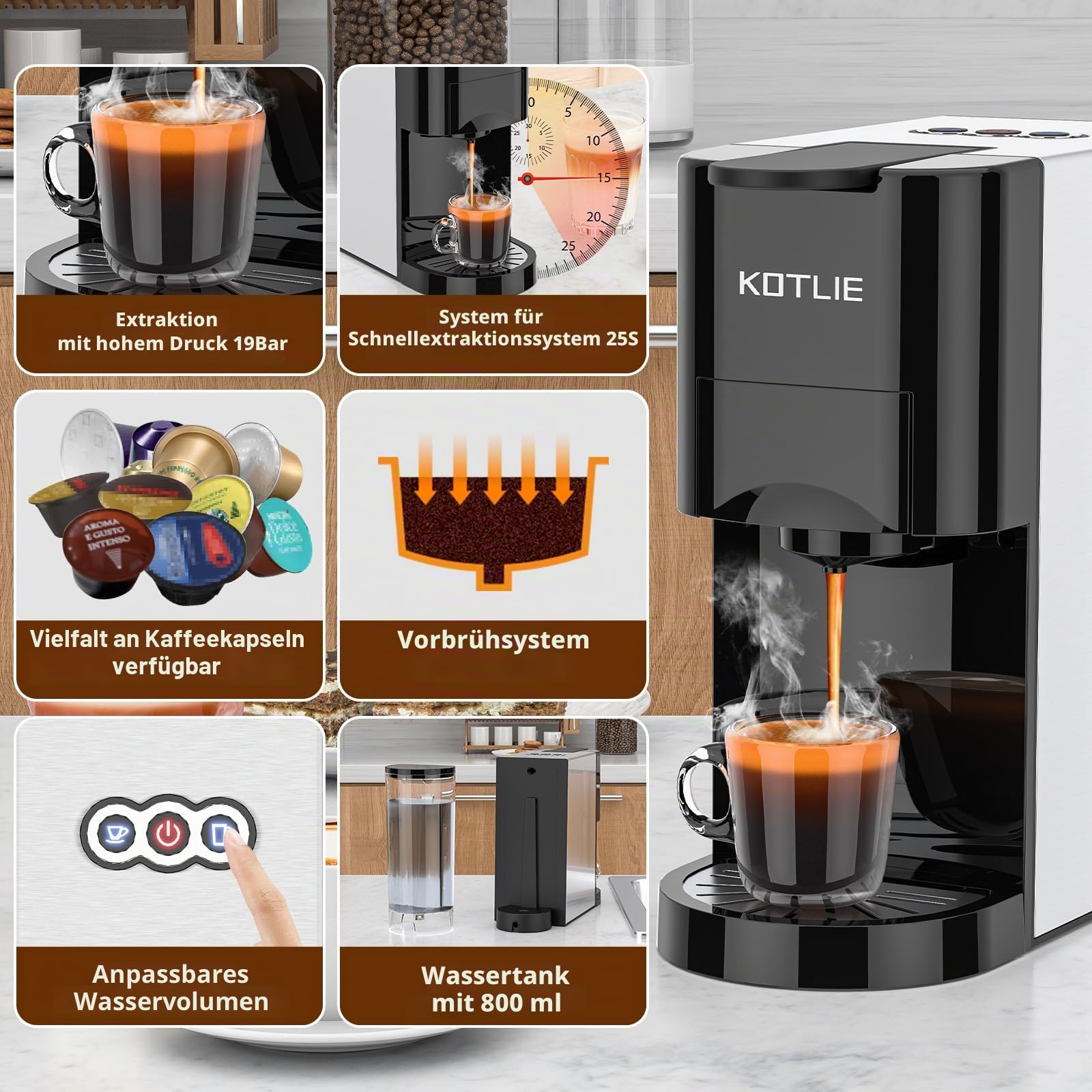 KOTLIE Espresso AC-513K 4-in-1-Kapselmaschine kompatibel mit Nes Original/DG/Kaffeepulver und ESE 44 mm 800 ML