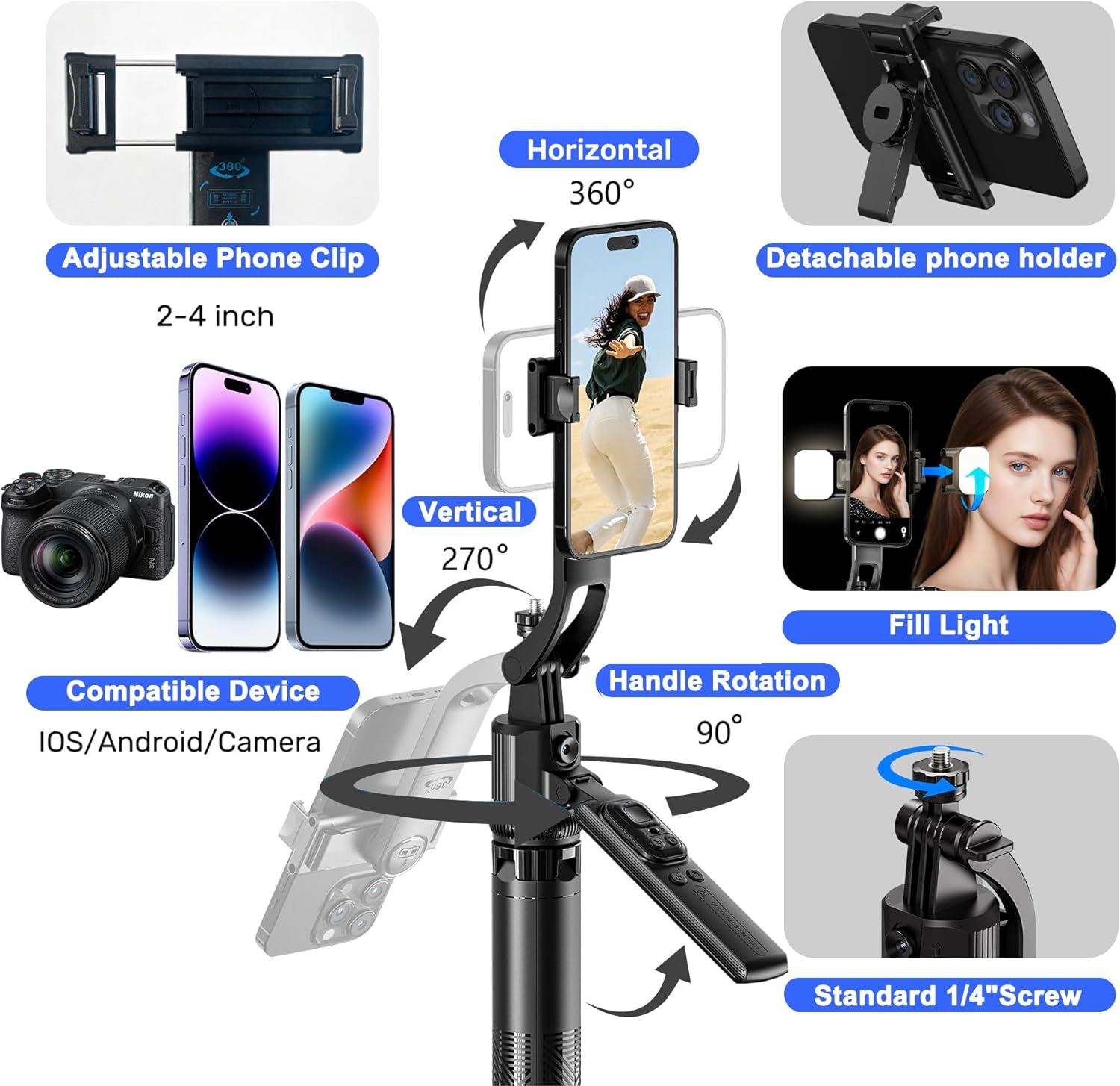 Auto Face Tracking Selfie Stick Tripod for iPhone with Light 360° Rotation That Follows Your Movement 63" Camera Tripod Stand with Remote for Content Creator Vlog Live Stream Video Recording