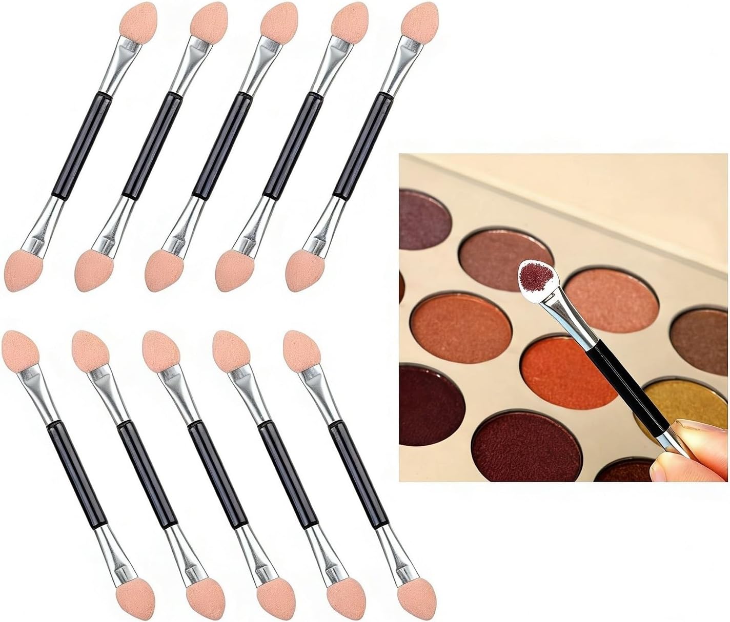 EKIND 10 Pcs Double-Ended Eyeshadow Sponge Applicators, Reusable Soft Dual-Tip Eye Makeup Brushes for Women, Ideal for Beginners Daily Use(Black Silver)