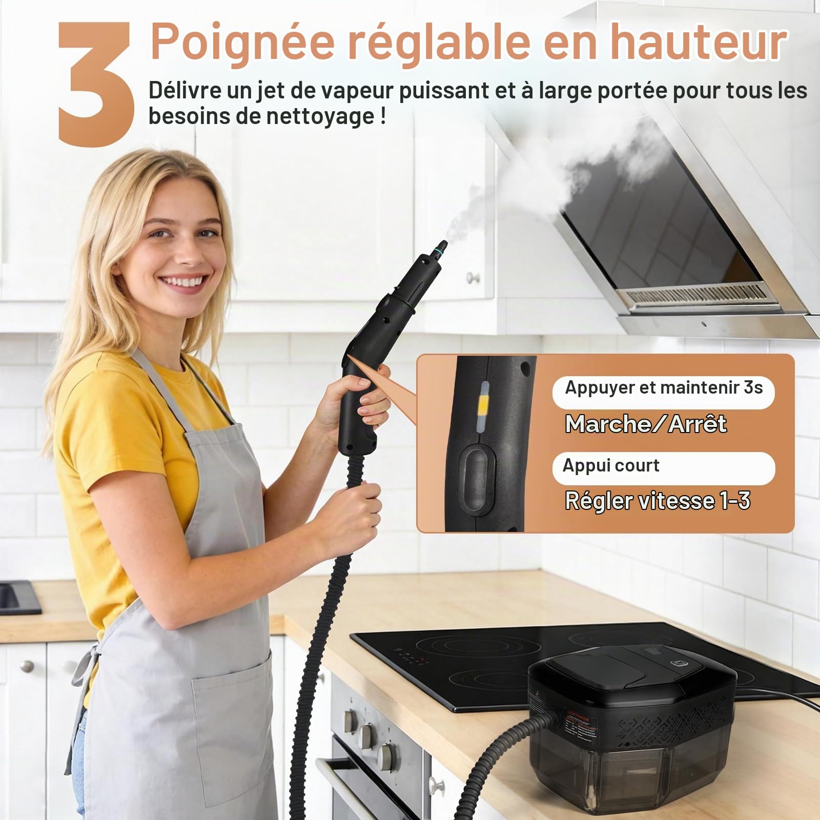 Nettoyeur Vapeur, Nettoyeur à Vapeur Portable 1500W Basse Pression, Chauffage Rapide 15s, Réservoir d’eau 1,8L, 12 Accessoires Inclus,Cuisine & Voiture, Noir（Appuyez longuement sur 3s pour démarrer）