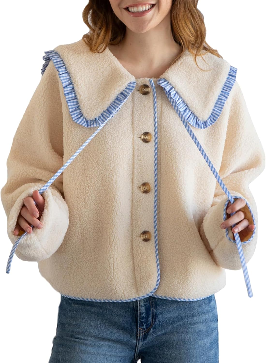 Women Peter Pan Collar Sherpa Fleece Jacket Button Down Cozy Fall Winter Casual Fuzzy Coats with Pockets 2026