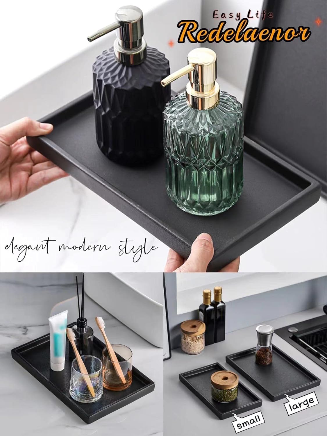 Redelaenor Ceramic Bathroom Tray, Black Matte Vanity Tray Decor Perfume Trays for Dresser Holder for Jewelry Candle Soap Plant Towel Cosmetic Organizer Rectangle Large Serving Tray : Home & Kitchen