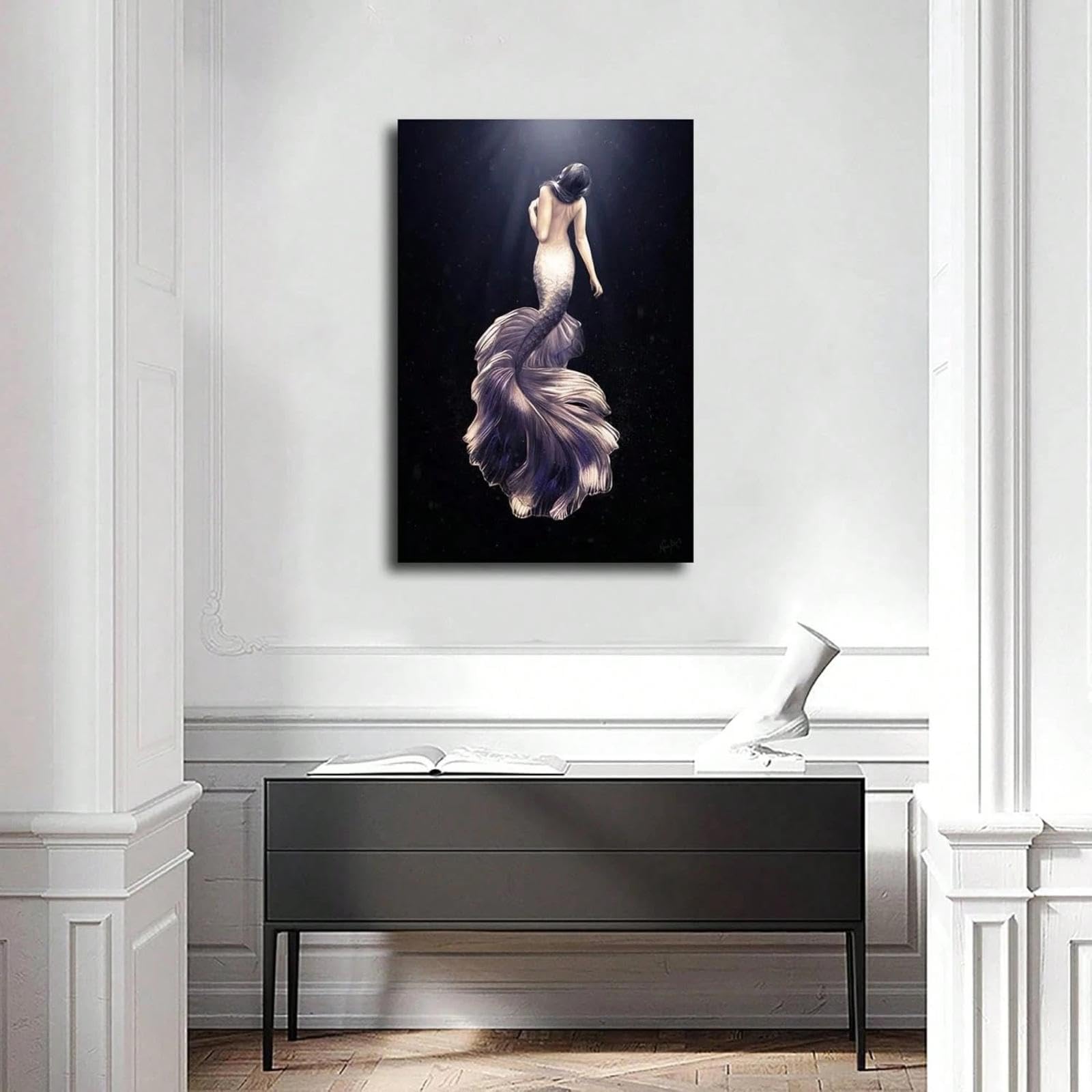 Fantasy Czarno-biały plakat do łazienki syrenka druk na płótnie malarstwo sztuka ścienna do sypialni salonu dekoracja ścienna 40 x 70 cm (16 x 28 cali) z ramą