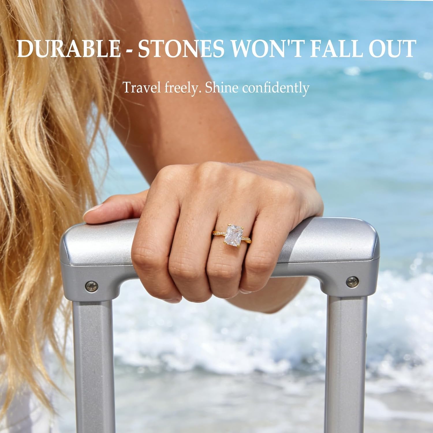 4CT Travel Engagement Ring, Radiant Cut 5A Cubic Zirconia Solitaire in Sterling Silver White Gold/14K Gold Plated Hypoallergenic Durable Comfort Fit, Perfect for Work Daily Wear Honeymoon - Image 3