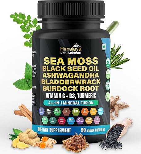 Aceite de semilla negra de musgo marino Bladderwrack Cápsulas de bardana. Ashwagandha, cúrcuma, vitamina C, vitamina D3 con saúco, manuka, diente de