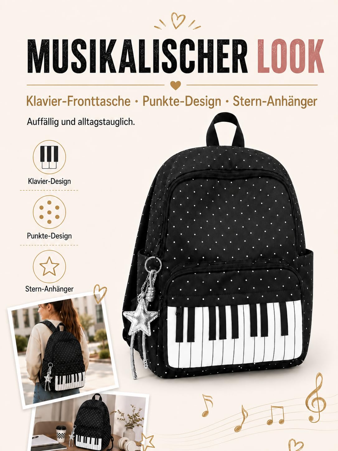 Piano Casual Rucksack, Polka Dot Music Backpack with Star Charm, Large Capacity Laptop School Bookbag for Women Girls College Travel (Schwarz+Weiß)