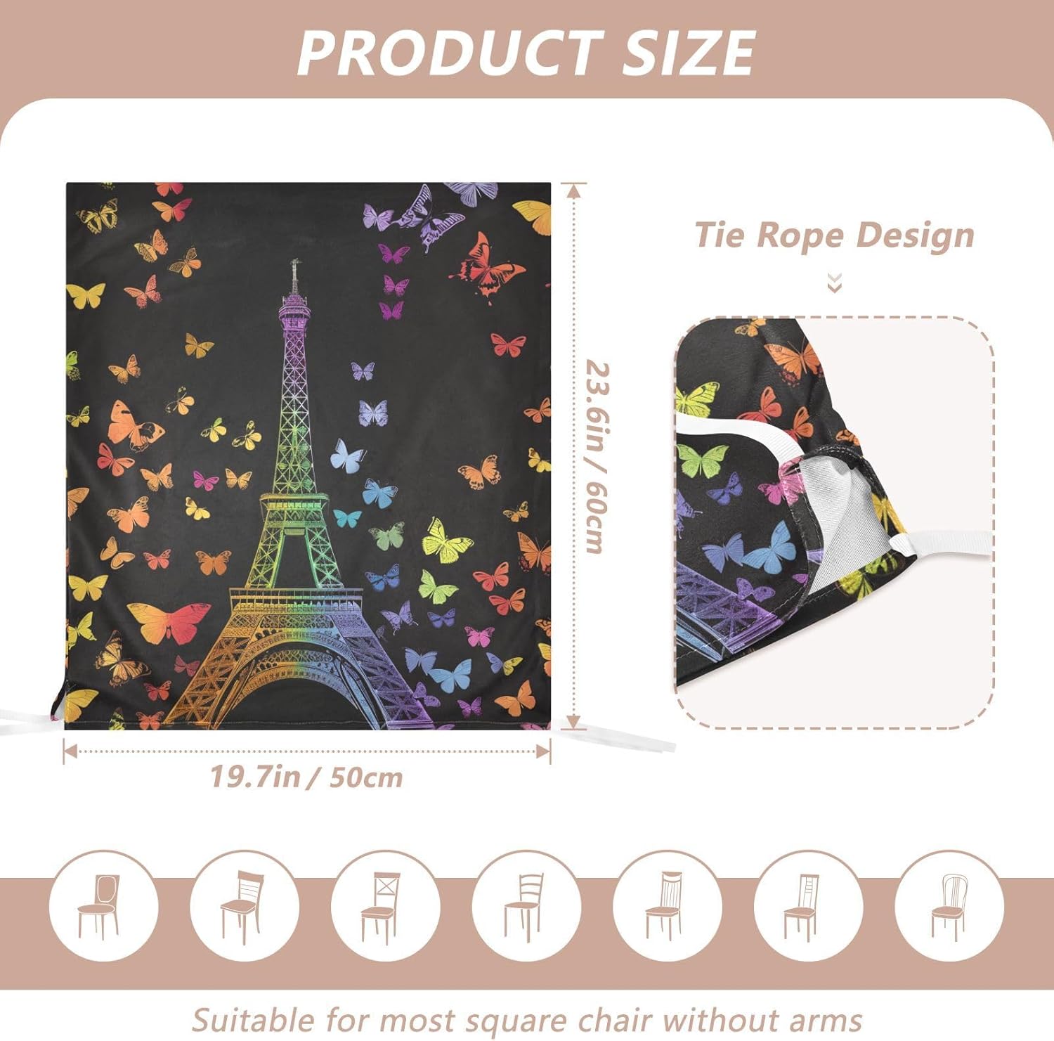 ALAZA Eiffel Tower Rainbow Butterfly Chair Back Cover Set of 6, Washable Reusable Removable Chair Slipcovers Decorative Chair Cover for Home Kitchen Wedding Party