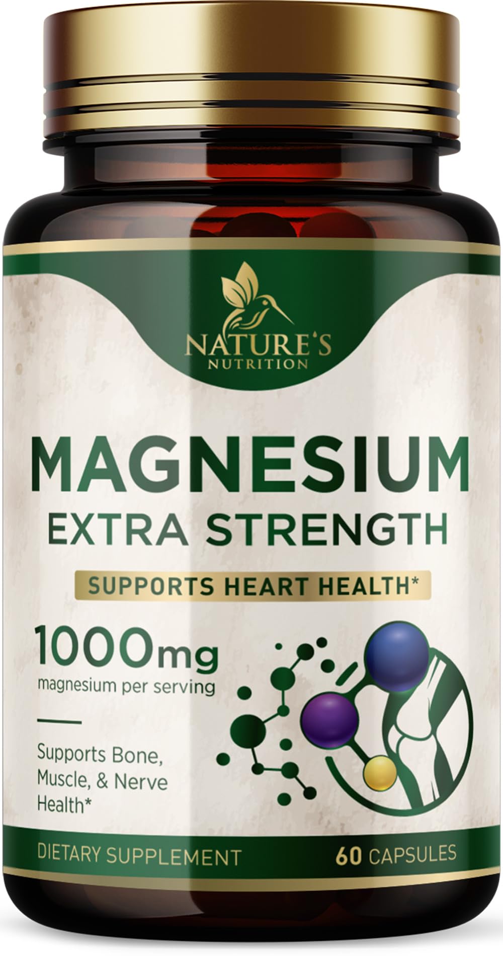 Magnesium Citrate 1000mg Per Serving - Extra Strength Magnesium for Bone, Muscle, Nerves & Heart Health Support, Natural Magnesium Supplement for Calm & Whole Body Support, USA Bottled - 60 Capsules 60 Count (Pack of 1)