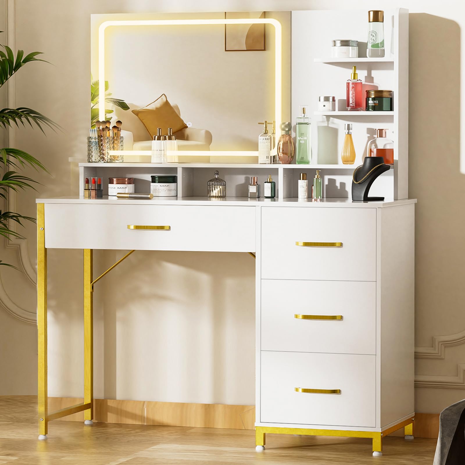COMHOMA Vanity Desk with Mirror and Lights, Makeup Vanity Table with 4 Drawers & Storage Shelves, Large HD Mirror, 3 Color Modes & Adjustable Brightness, Modern Dressing Table for Bedroom, White