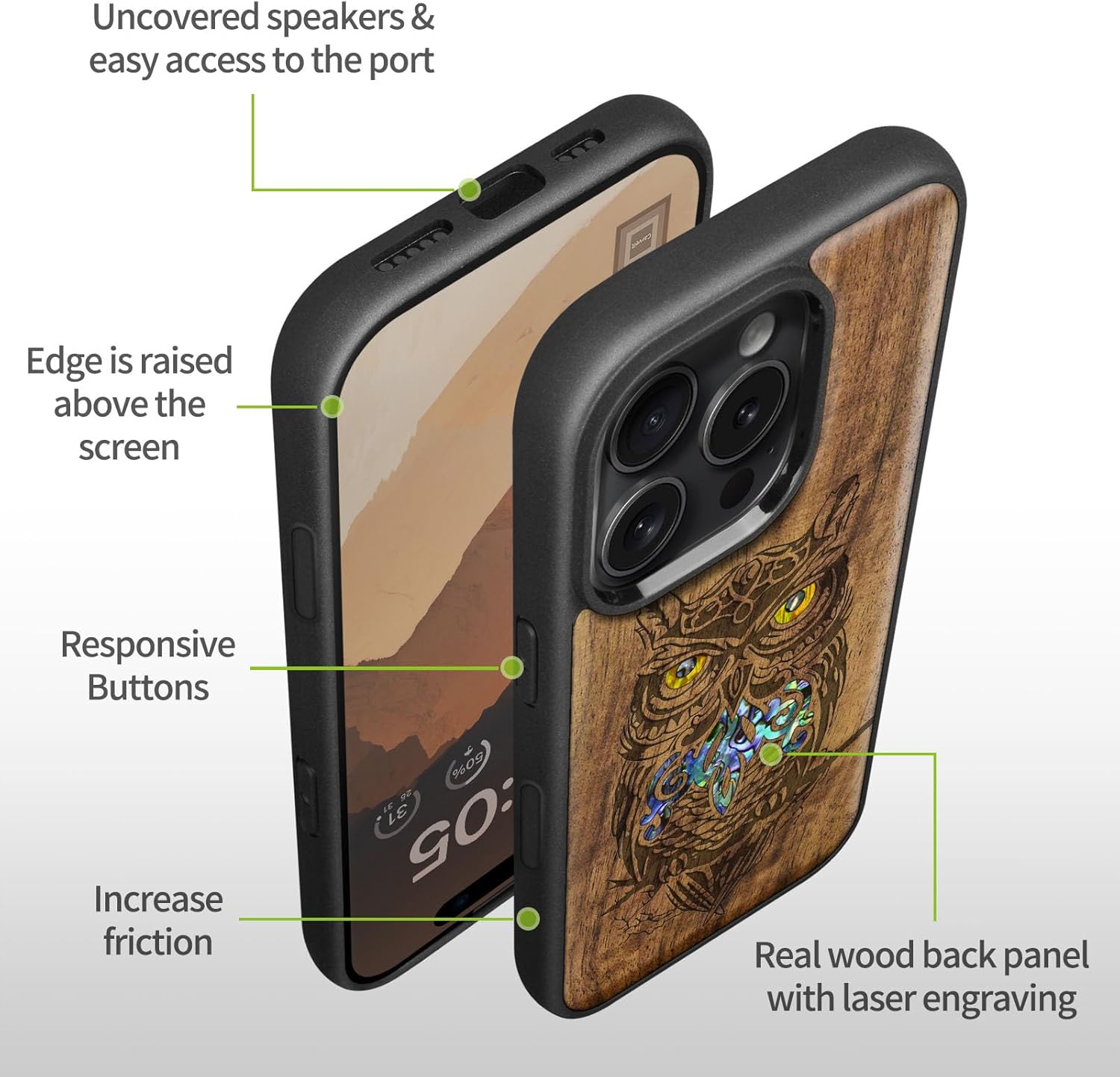 Carveit Magnetic Case for iPhone 16 Pro Case, Wood Artisan Engraved & Handmade Shell Inlaid, TPU Shockproof Cover, Compatible with MagSafe Wireless Chargers (an Owl Perched on a Branch) Walnut