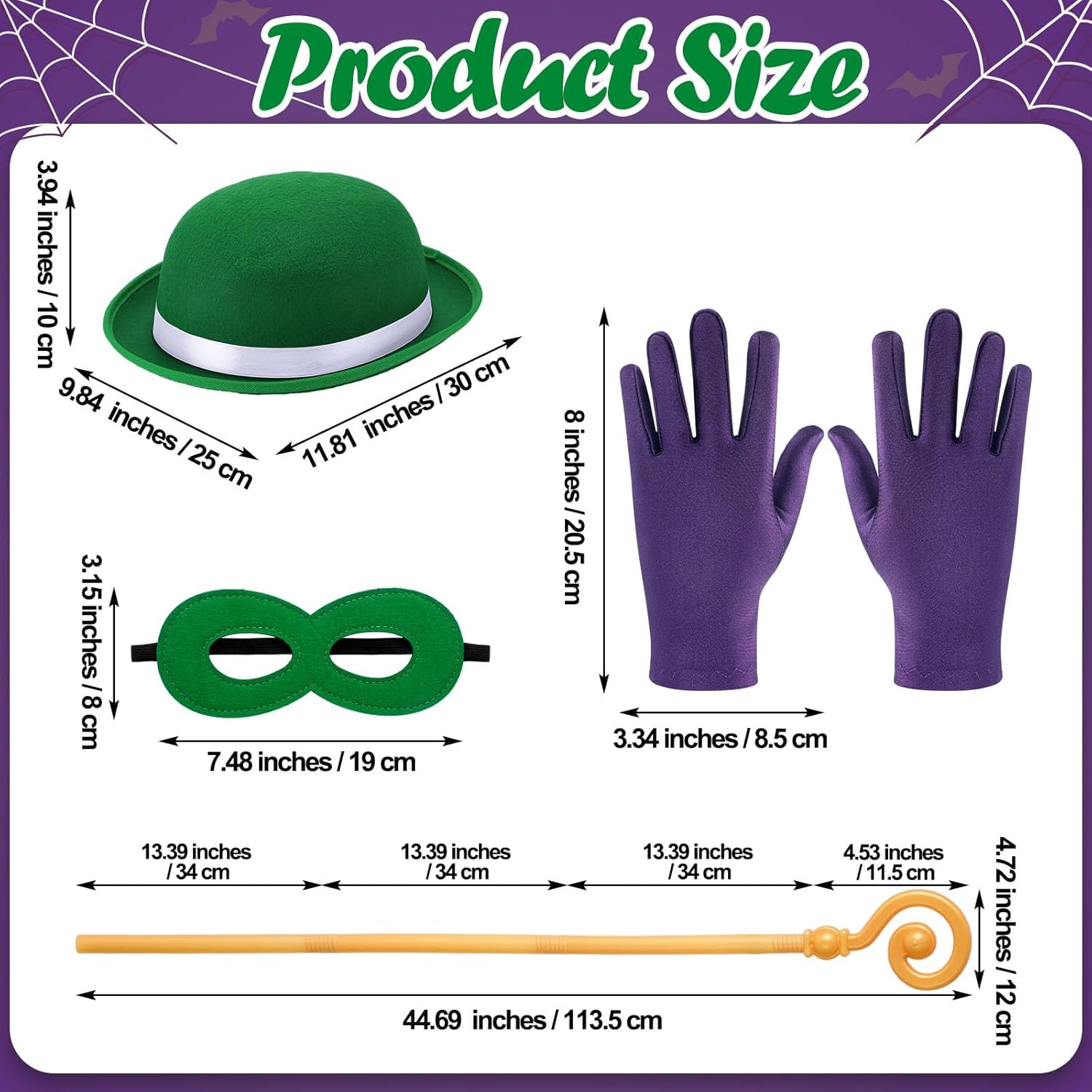Question Mark Costume Accessory Kit for Adults Includes Felt Green Derby Hat, Gold Question Mark Cane, Adjustable Halloween Eye Mask and Purple Glove for Men Halloween Dress Party Cosplay