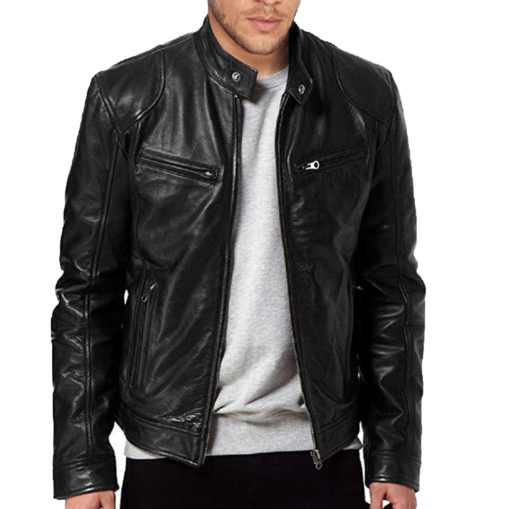 Chaqueta De Cuero Delgada Con Cuello Levantado Para Hombre De Primavera Y OtoñO, DecoracióN De Bolsillo, Traje De Motocicleta, Chaqueta De Cuero Pu