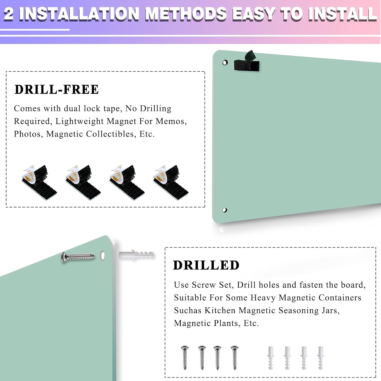Green 2Pack Magnetic Board,17.5" x 11.4" Magnet Bulletin Board to Display Magnetic Notes, Poetry, Photos, Suitable for Wall, Refrigerator, Cabinet etc, Come with 4 Pcs Dual Lock Tape and Screws