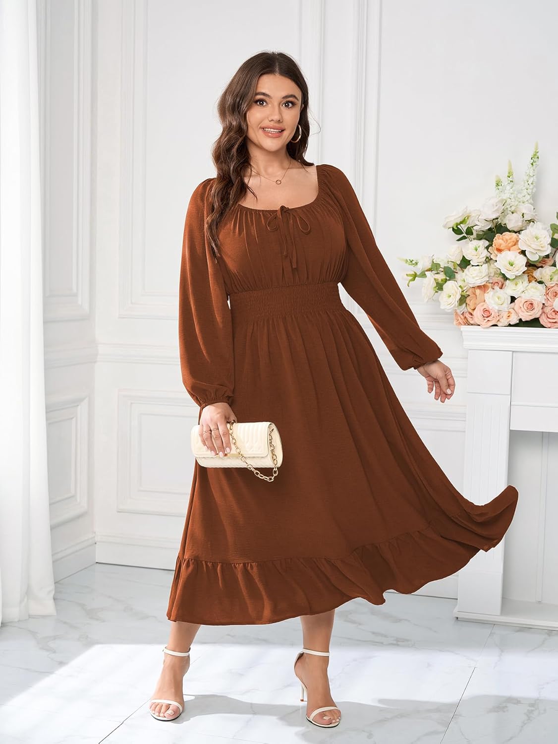 Women's Plus Size Midi Dress Long Sleeve Scoop Neck Elastic High Waist A Line Dresses for Women Wedding Guest Dress - Image 7