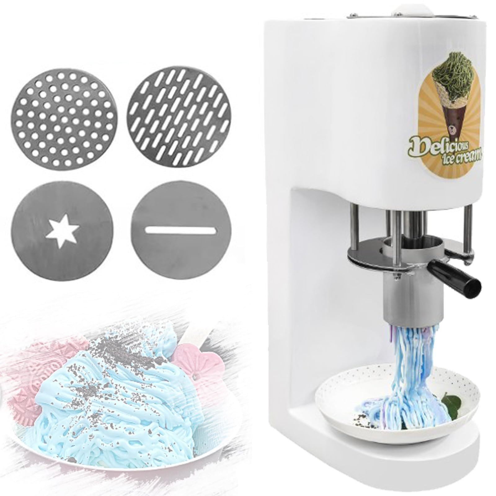 Machine Professionnelle à Glace « Spaghetti » (Glace Italienne extrudée), Presse à Glace 80 W avec 4 moules, débit de 28–30 L/h pour Glaciers, cafés, Restaurants et Food Trucks White