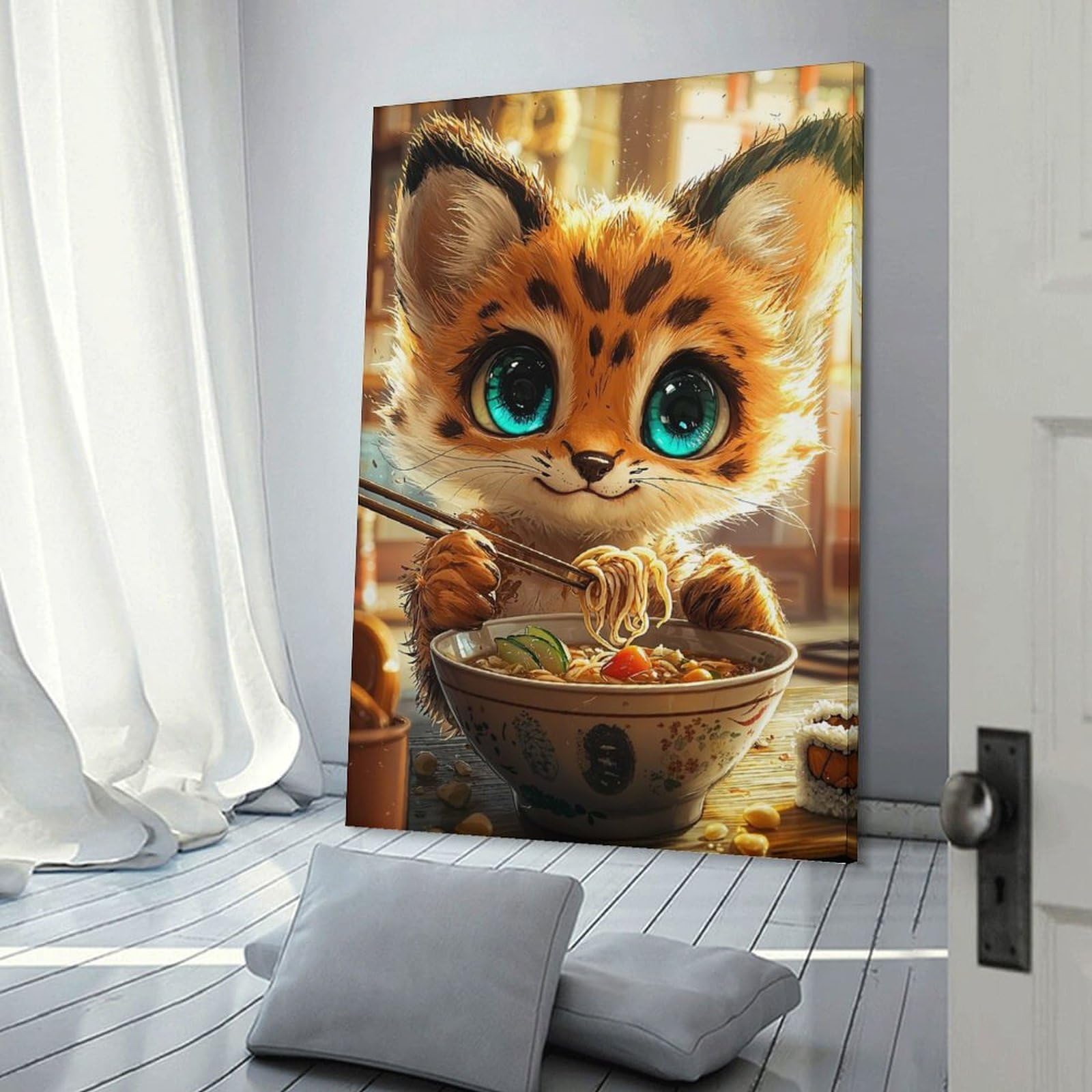 Junmoney Hanging Wall Art Cute Cat Eating Ramen, 16x24inch(40x60cm), for Small Homes, Bedrooms Or Open Spaces, Wall Decor with Flexible Room Appeal
