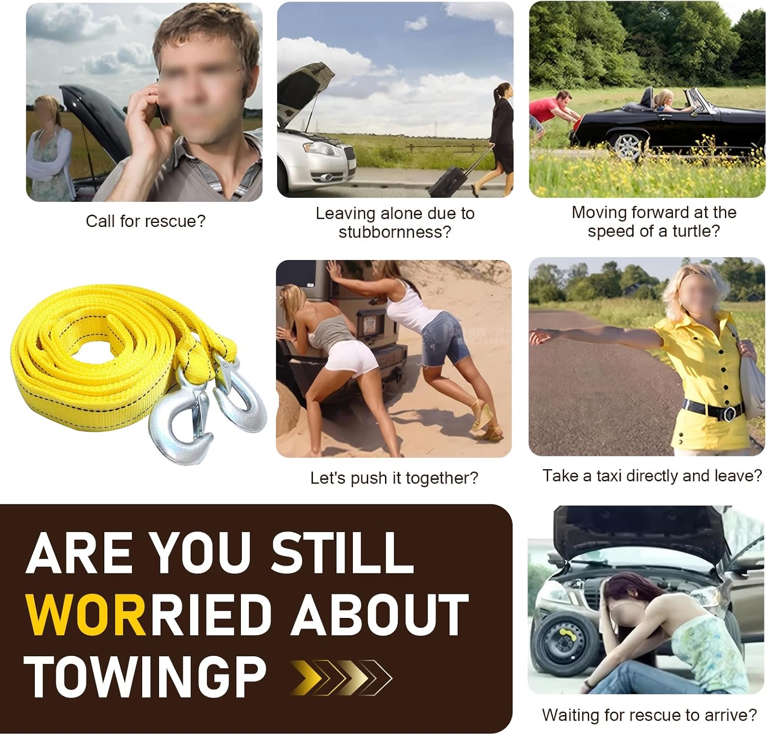 Car Tow Straps Heavy Duty with Hooks, 13Ft 11023 lbs Heavy Duty Reflective Tow Rope, Nylon Emergency Recovery Towing Strap, Universal for Most Cars Trucks SUVs ATVs (Yellow)