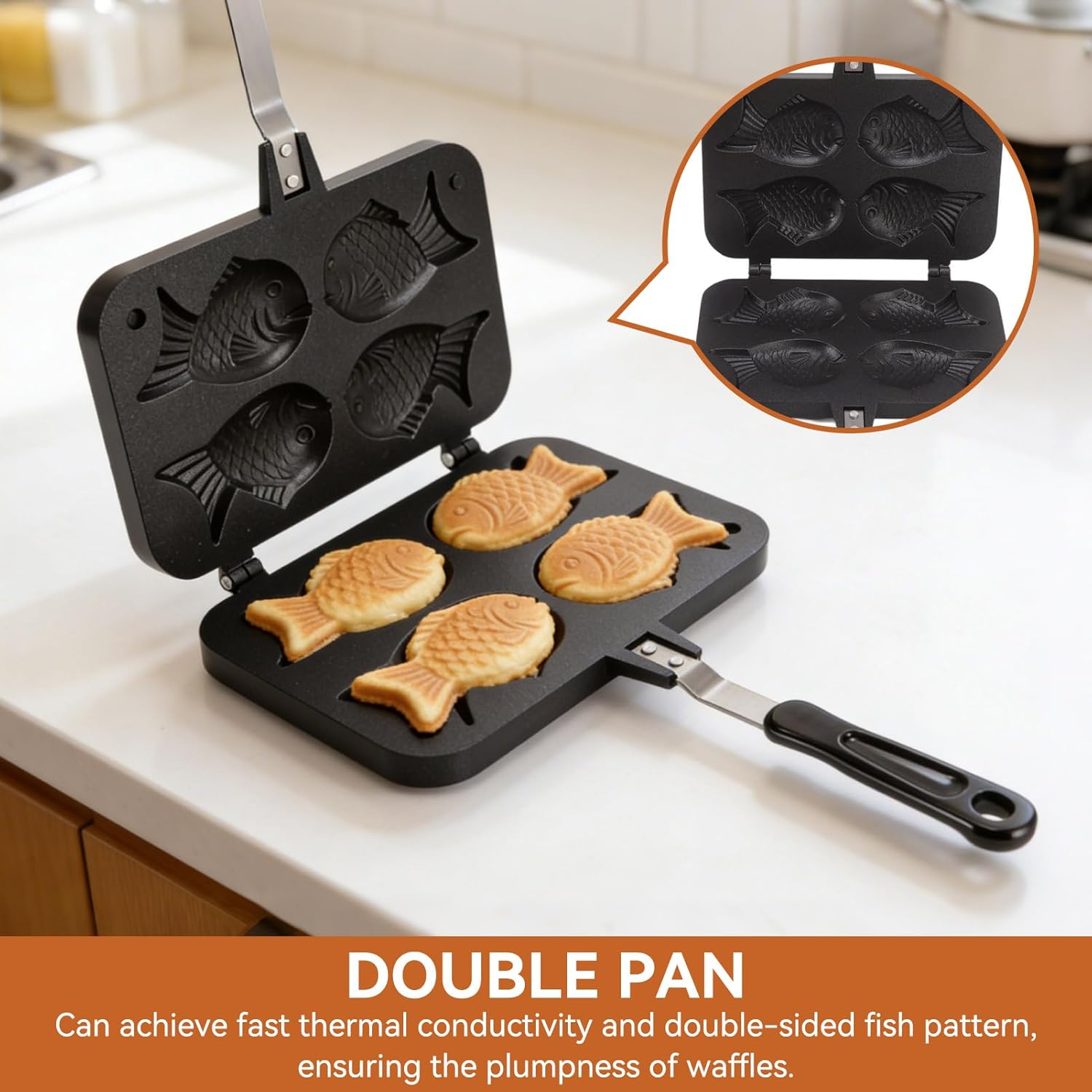 Cyrank Taiyaki Fish-Shaped Cake Pan, Non-stick Waffle Cake Maker Pan Fish-Shaped Pancake Double Pan Mold with Long Handle Pancake Baking Double Pan Mold Japanese Fish-Shaped Hot Cake Maker
