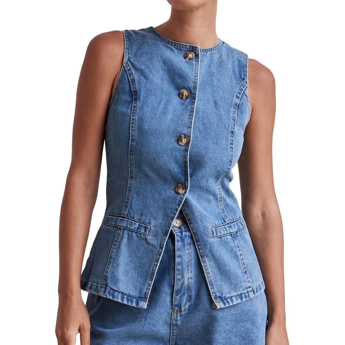 Gilet Jeans Donna,Gilet In Denim Senza Maniche Da Donna Scollo Rotondo Abbottonato Giacche In Jeans Aderenti Gilet In Denim Da Donna Vintage Casual Streetwear Giacca In Denim Nera Gilet Azzurro Chia