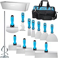 KEZERS 14-Piece Stainless Steel Drywall Tool Kit: Putty & Taping Knives, Mud Pan, Scoop, Mixer & Bag
