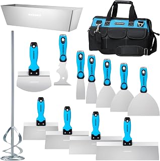 KEZERS 14-Piece Stainless Steel Drywall Tool Kit: Putty & Taping Knives, Mud Pan, Scoop, Mixer & Bag