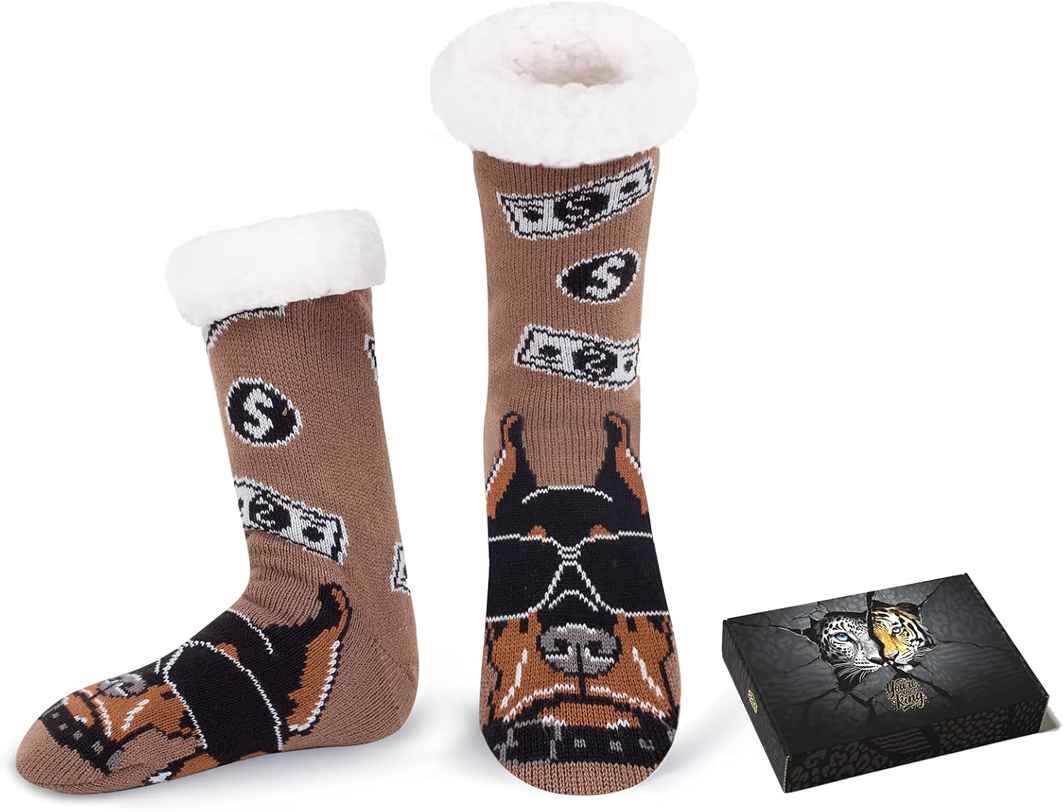 Mens Fuzzy Slipper Socks with Gift Box - Cozy Warm Non-Slip Funny Indoor Christmas Socks Gift for Men