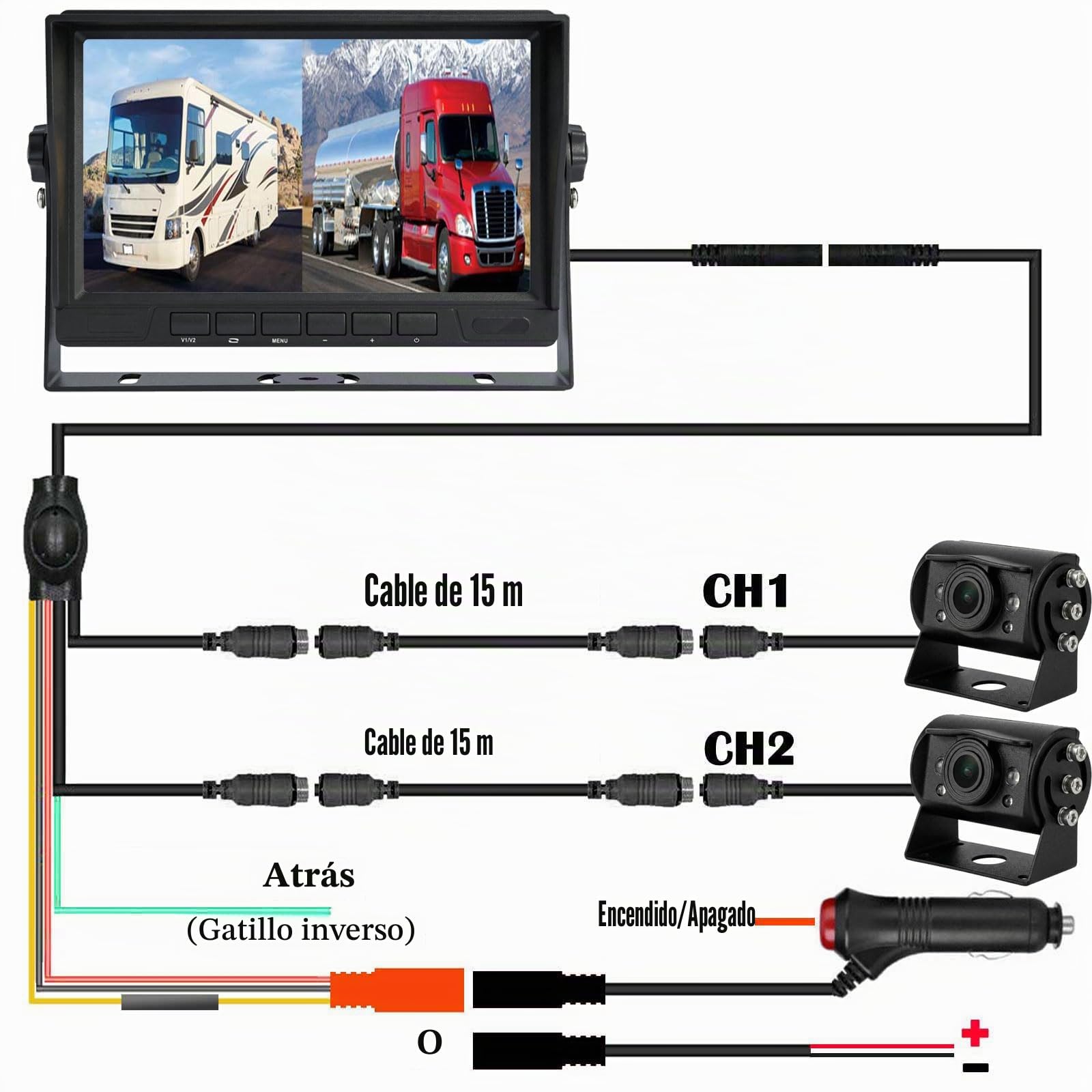 Cámara de marcha atrás AHD 1080P para vehículo y camión con monitor de pantalla de 2 divisiones de 7 pulgadas, 2 cámaras de visión trasera impermeables de visión nocturna con cable de 15 m para