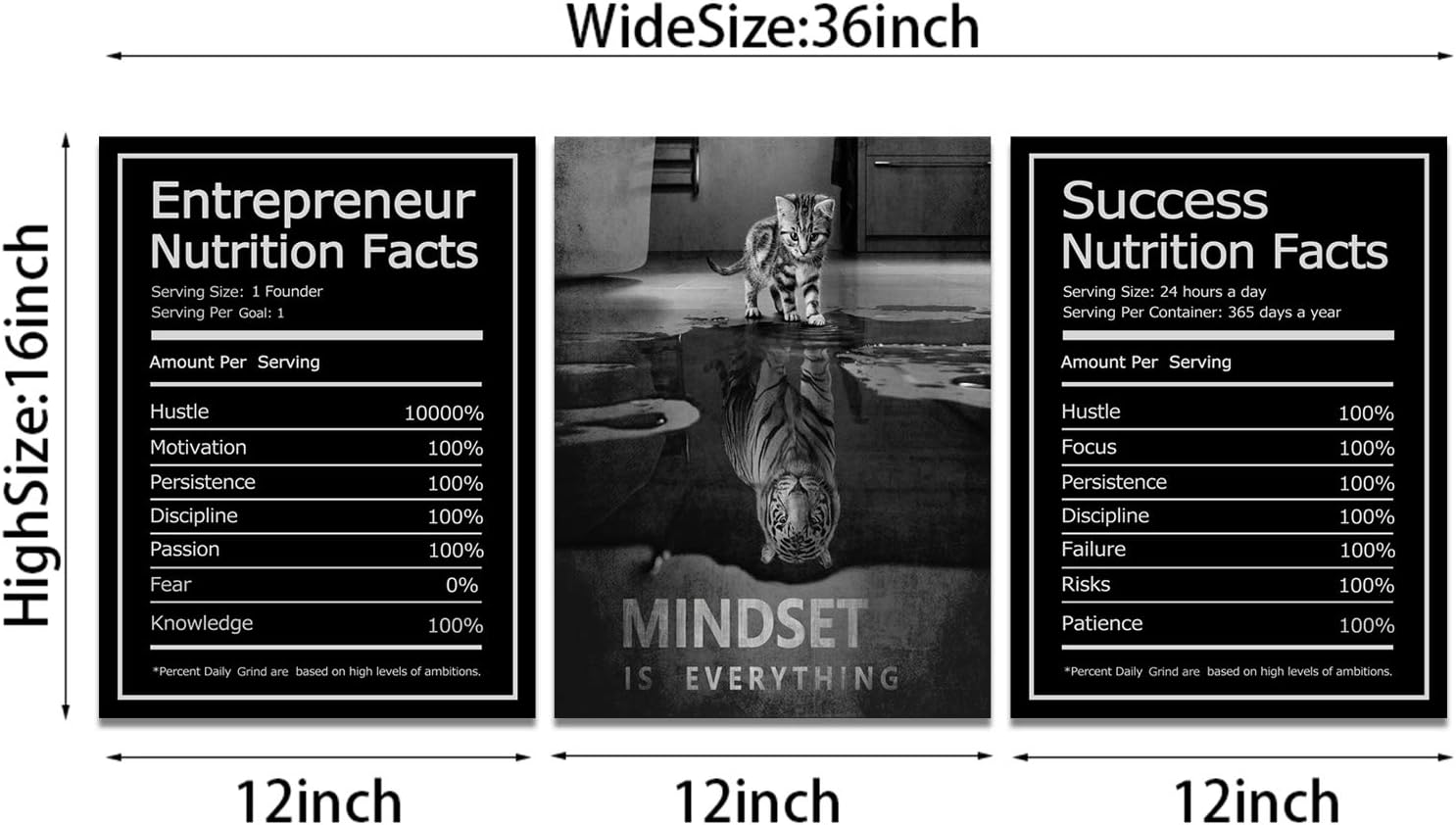 Mindset is Everything Wall Art Motivational Canvas Painting Wall Art Poster Prints Entrepreneur Bundle Set 3 Pieces Success Nutrition Facts (36" W x 16" H, Mindset)