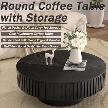 Round Coffee Table with Storage, Modern Handcraft Fluted Drum Coffee Table Wood Circle Center Table with Sturdy Pedestal for Living Room Apartment (Black)