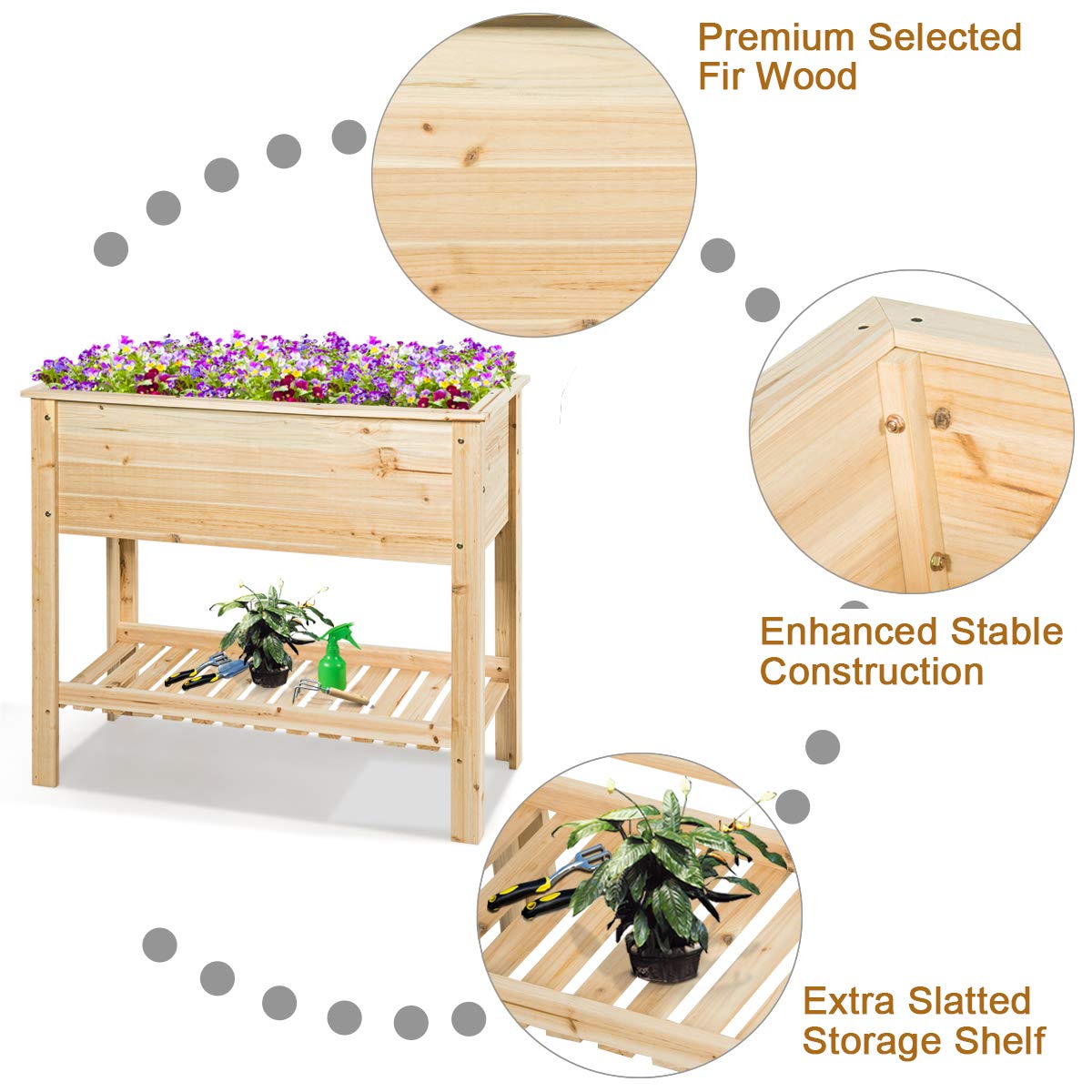 GOPLUS Huerto Urbano de Flores, Maceta de Cultivo de Madera de Abeto con Estante & Gran Superficie, Cama Elevada para Verduras y Flores, Jardinera para Balcón Patio Exterior, 92 x 41 x 81 cm