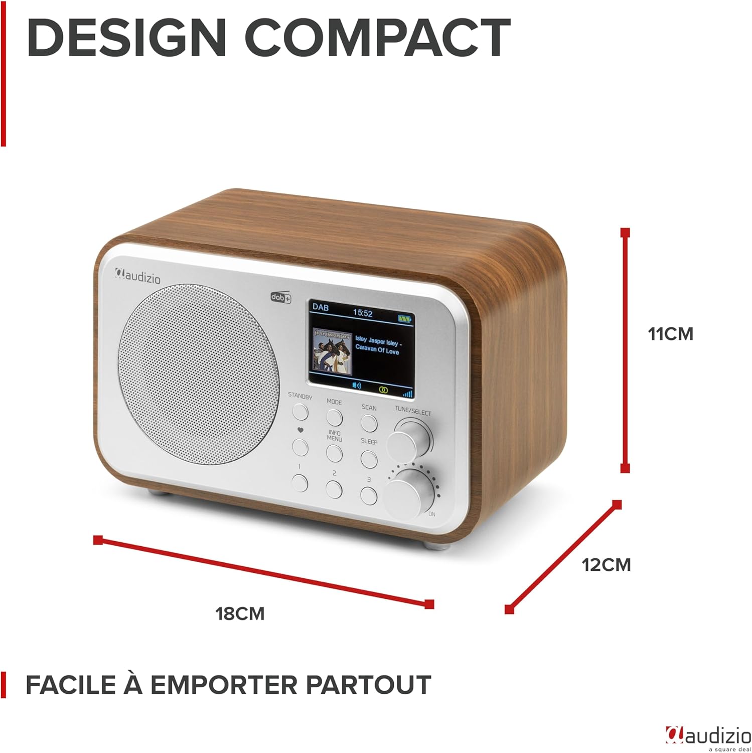 Audizio Milan DAB+ Radio with dimensions indicated: 18cm length, 12cm width, 11cm height.