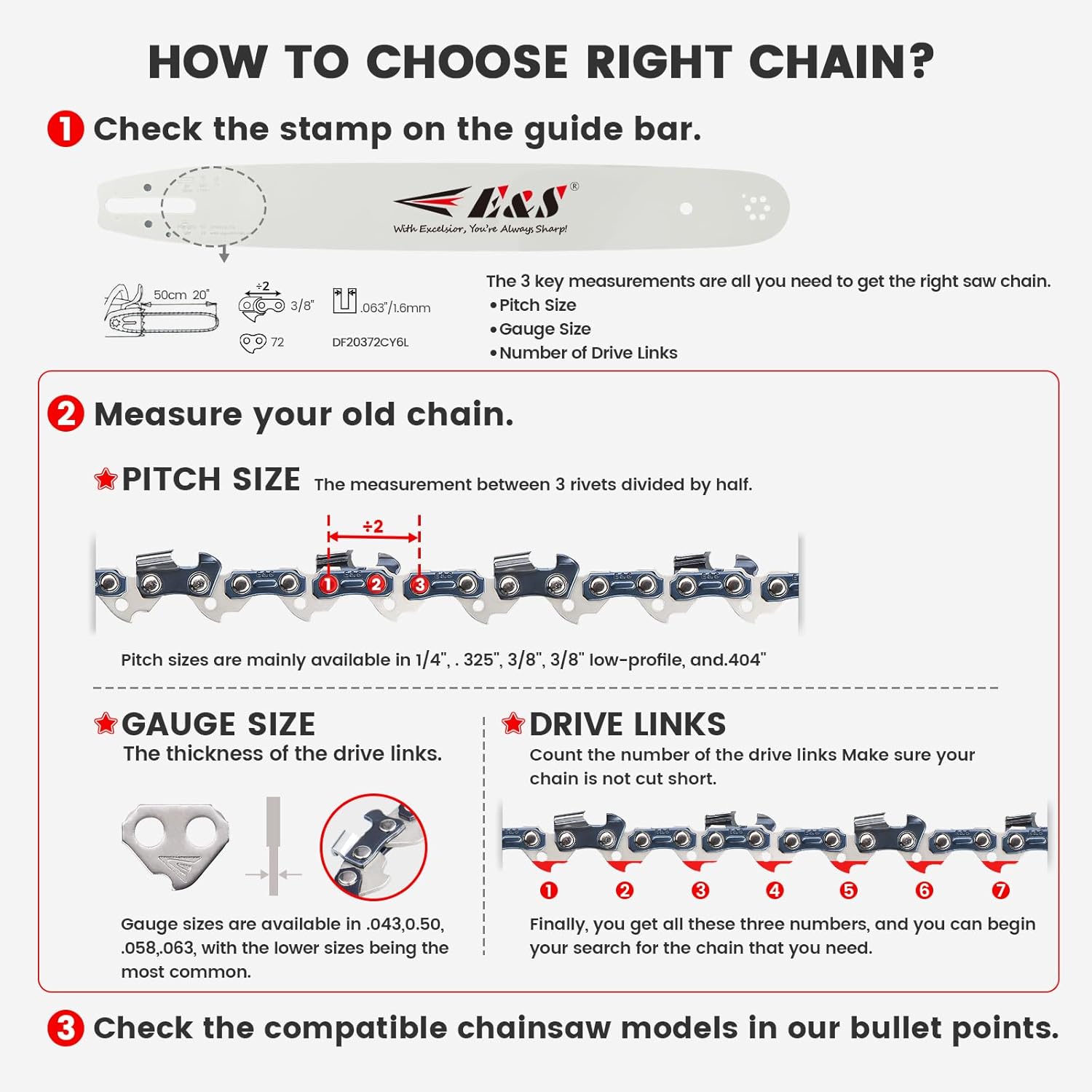 E & S 5 Pack 12 Inch Chainsaw Chain 3/8" LP Pitch .043" Gauge 45 Drive Links Semi-Chisel Chain Saw Chains for Oregon, Stihl, Husqvarna, Poulan, Craftsman, Greenworks and More Chainsaw Brands - Image 6