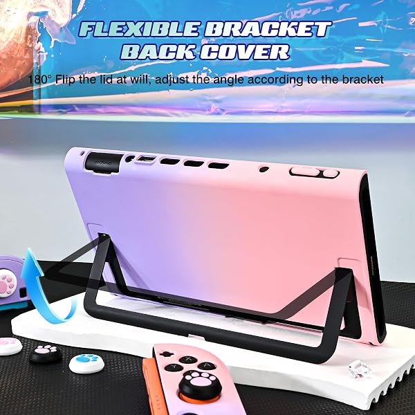 DLseego Hülle für Switch 2 2025, Dockable Farbige Harte Schutzhülle aus PC mit 2 Handgriffen und 6PCS Daumen Grips Kappe,Lila+Rosa - 3